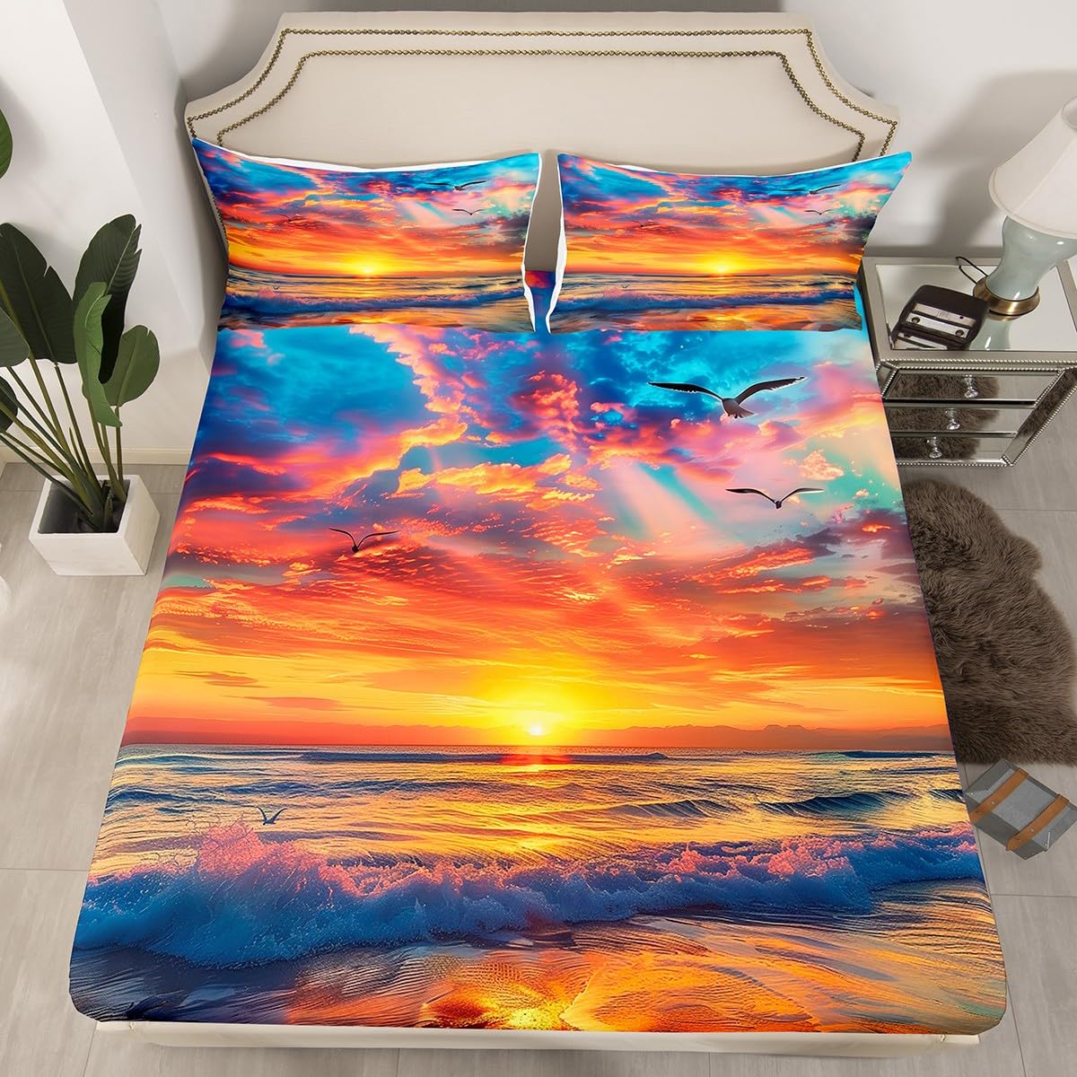 jejeloiu Beach Theme Fitted Sheet Full Size Kids Summer Sea Ocean Sunset Bed Sheets Set for Boys Girls Teens Wave Coastal Natural Scenery Bedding Set Room Decor