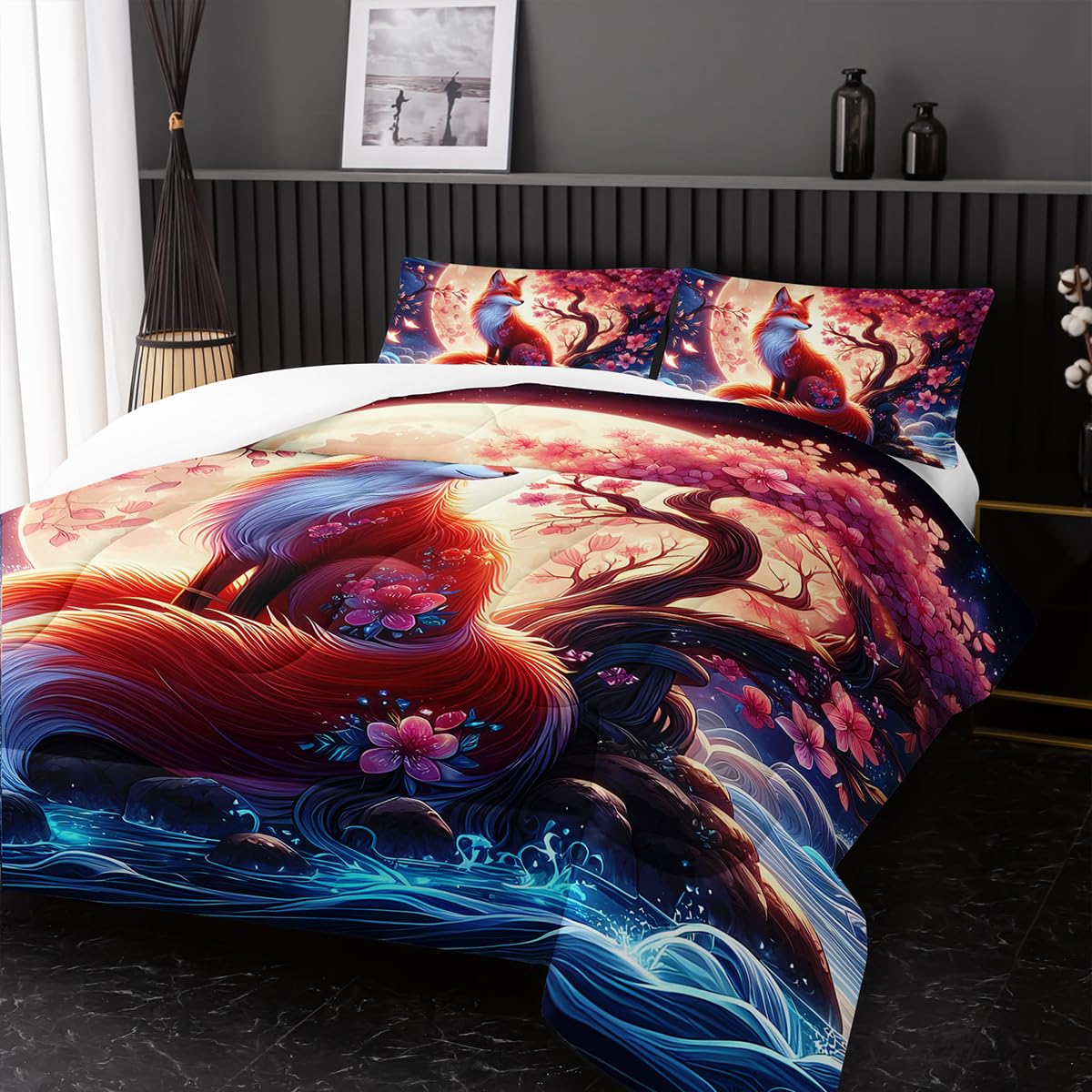 Nttopship Fox Comforter Bedding Set with 2 Pillowcase Full Size Cartoon Fox Sakura Comforter Set for Kids Boys Girls Bedroom Decor