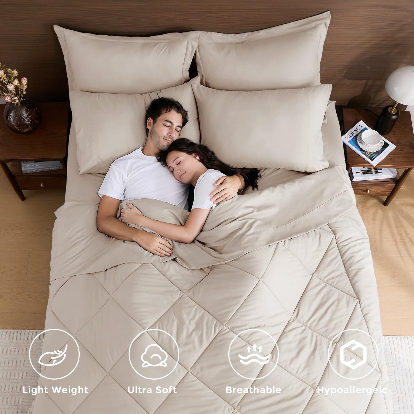 HEVUMYI Beige Tan Queen Comforter Set - 7-Piece All Season Bed in a Bag Queen, Ultra Soft Bedding Set with Comforter, Flat Sheet, Fitted Sheet, Pillowcases, Pillow Shams, Beige Tan