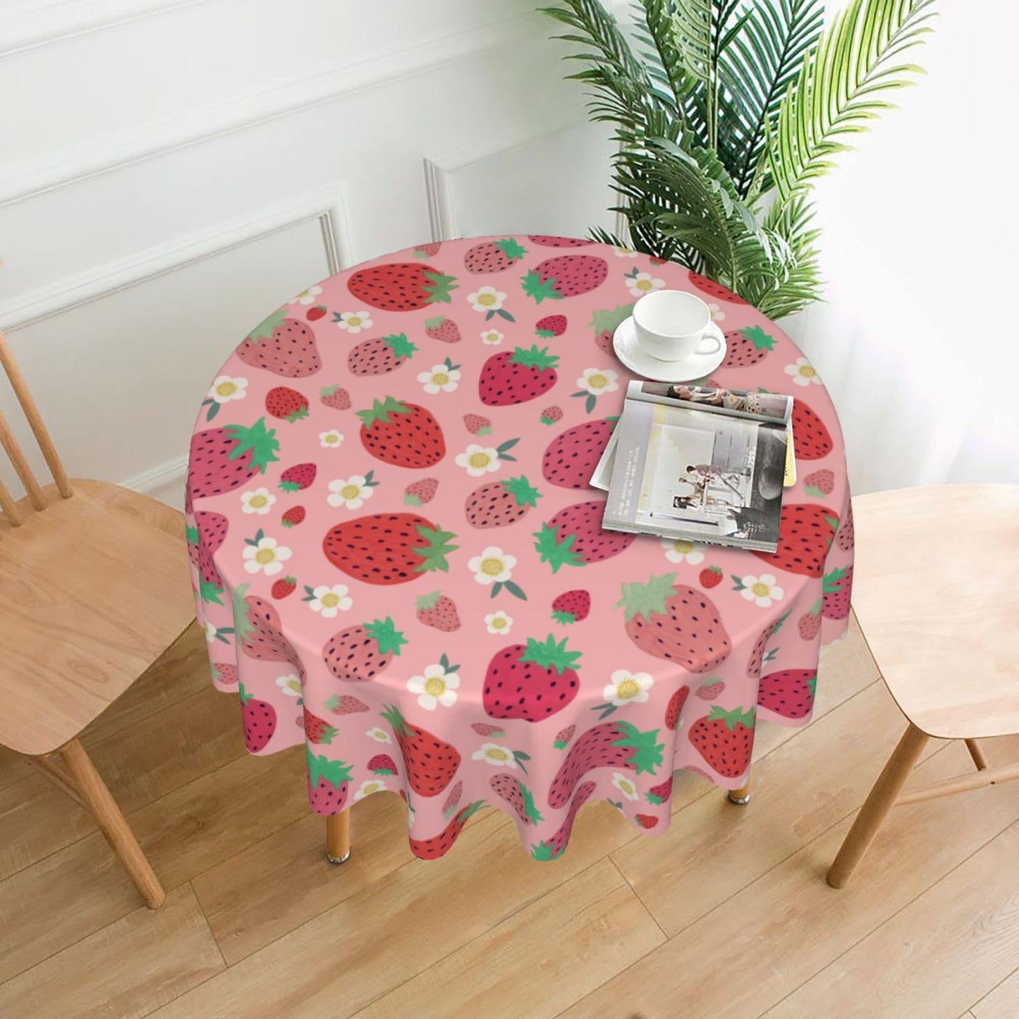 mutakin Strawberry Round Tablecloth 60 Inch Washable Reusable Decoration Table Cover for Kitchen Party