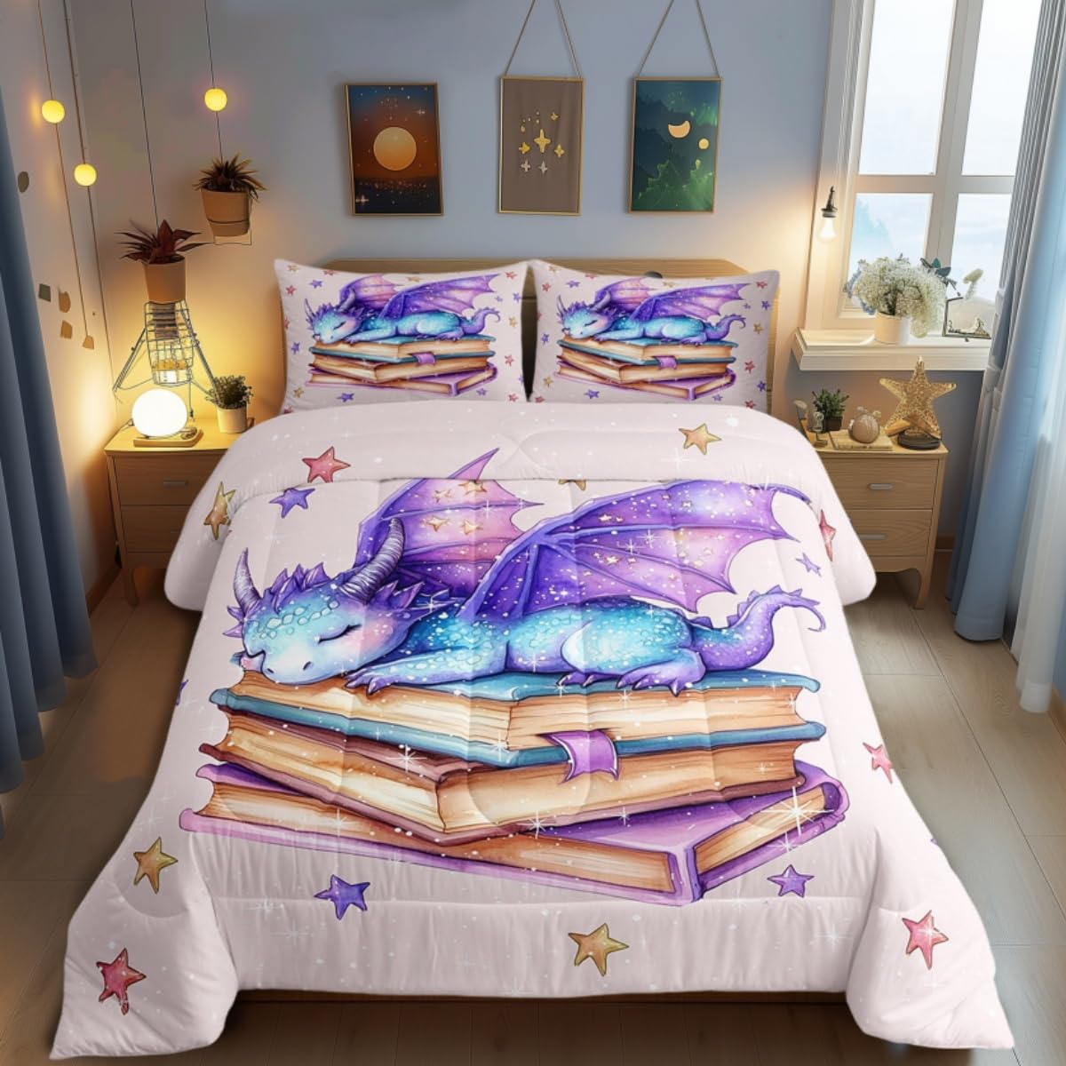 Castle Fairy Blue Purple Dragon Comforter Toddler,Dreamy Cartoon Starry Sky Quilt Comforter with 1 Pillowcase,3D Dragon Wildlife Glittering Stars Pattern Bedding Set Comfortable,Soft and Breathable