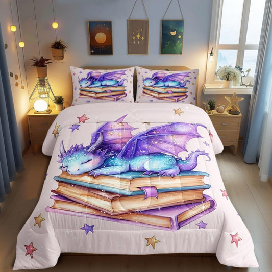 Castle Fairy Blue Purple Dragon Comforter Toddler,Dreamy Cartoon Starry Sky Quilt Comforter with 1 Pillowcase,3D Dragon Wildlife Glittering Stars Pattern Bedding Set Comfortable,Soft and Breathable