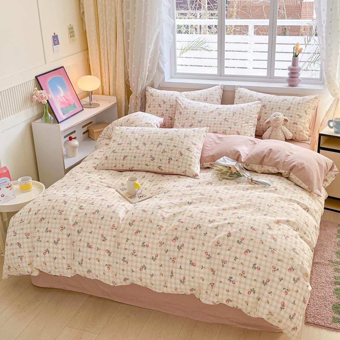 LIWHENHAO Strawberry Duvet Cover Set Twin 100% Cotton Bedding Red Yellow Fruit Floral Flower on Cream White 1 Plaid Grid Comforter Cover Zipper Closure 2 Pillowcases for Kids Girls Boys