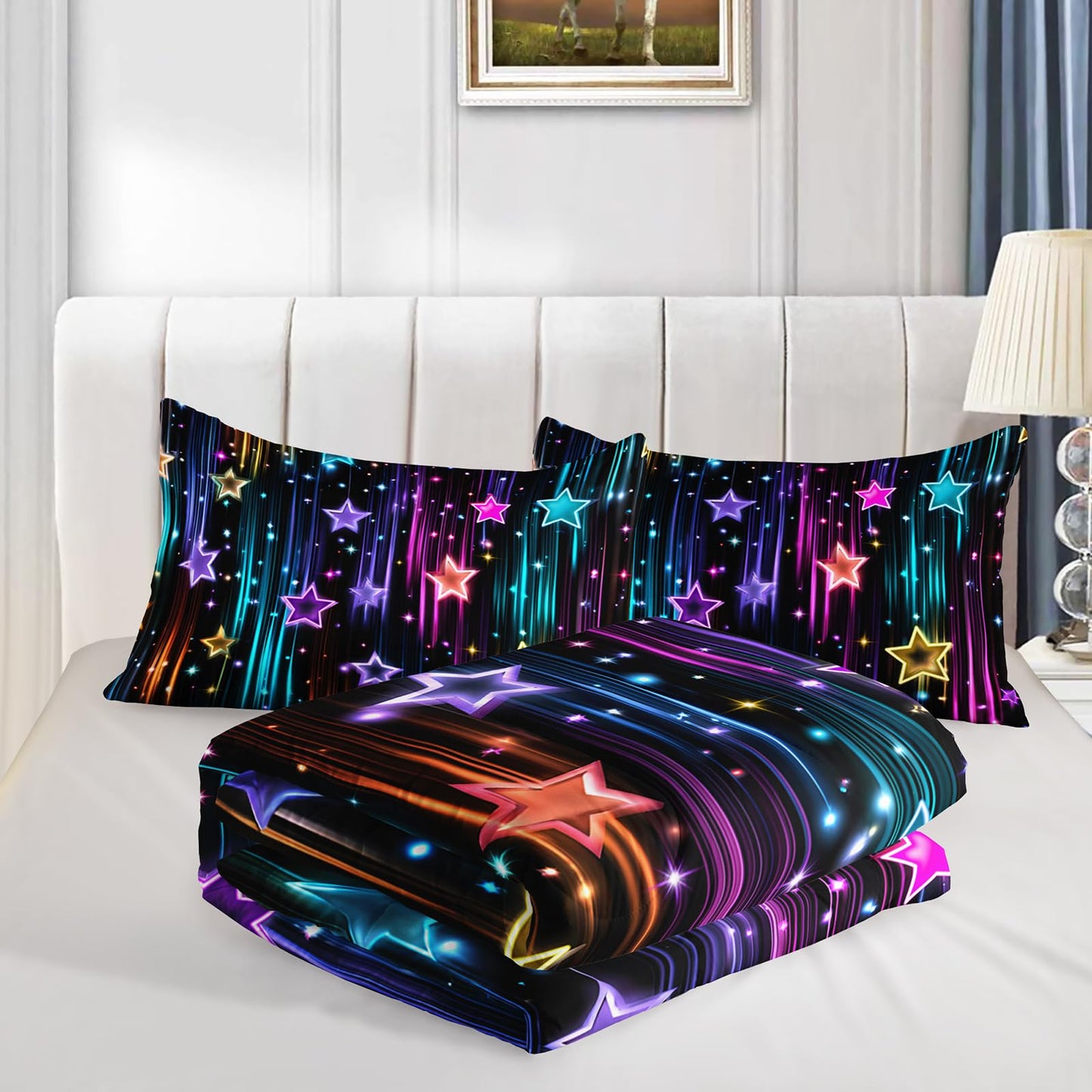 QOOMO 3Pcs Galaxy Comforter Set Twin,Glitter Star Bedding Set for Teens Boys Girls,Neon Stripes Printed Comforter with 2 Pillowcases,Down Alternative,Soft and Lightweight