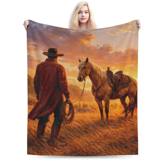 Qycazzw Vintage Western Cowboy Blanket Gifts for Women Kids, Horse Flannel Blankets, Warm Cozy Soft Throw for Bedroom, Camping, Couch, Decor 50x60 in