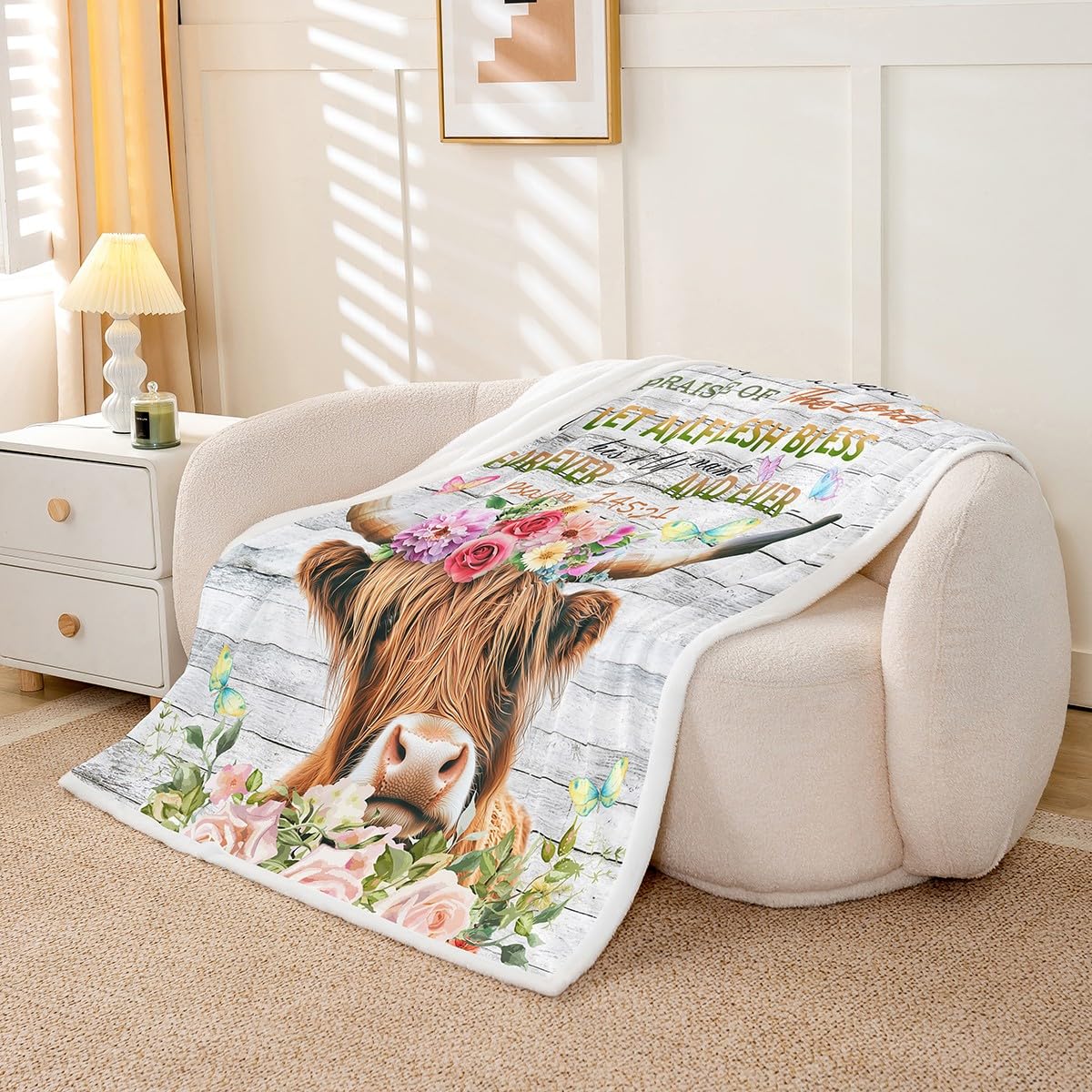 Feelyou Highland Cow Sherpa Blanket Rose Highland Cattle Fleece Throw Blanket for Kids Boys Girls Bull Cattle Plush Blanket Botanical Floral Fuzzy Blanket for Sofa Bed Couch,40x50 Inches