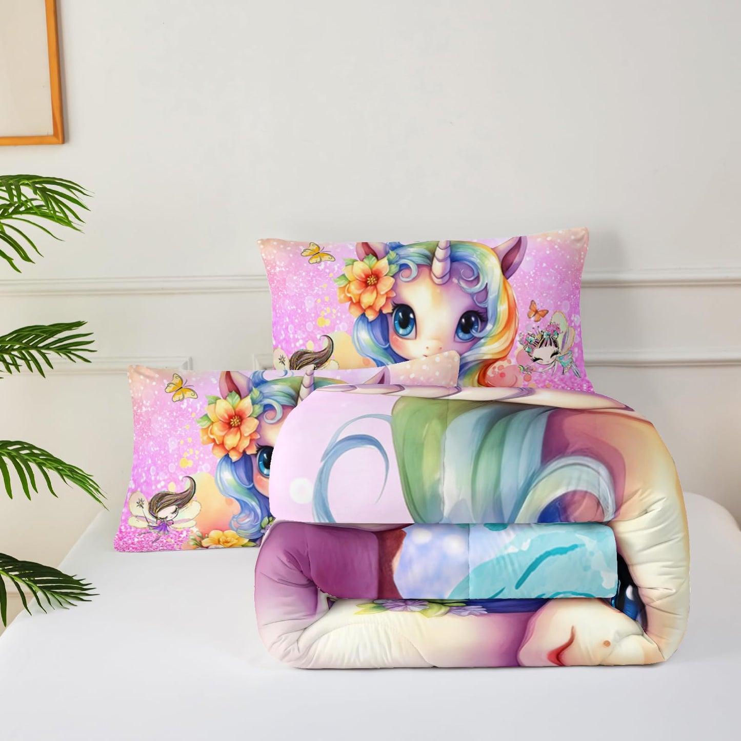 lneffble Cute Unicorn Comforter Set Twin for Girls Kids, Rainbow Unicorn Flower Print Galaxy Bedding Set,Soft Microfiber Cartoon Comforter Set with 2 Pillowcases,Toddler Bedding Set