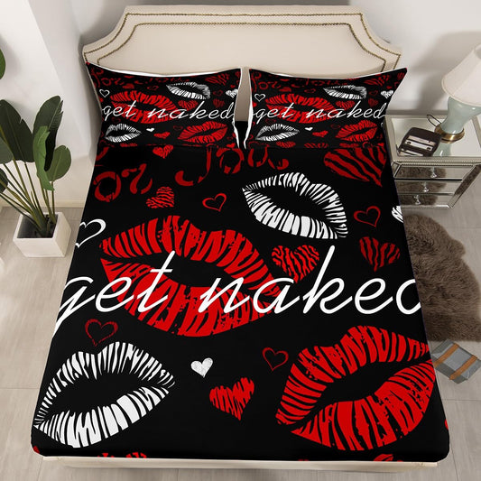 Sexy Lips Bedding Set Funny Get Naked Fitted Sheet & Pillow Sham Set for Couple Lover Kiss Bed Sheet Set White Red Woman Mouth Pattern Decor Bed Cover No Flat Sheet Room Decor Full Size 3Pcs