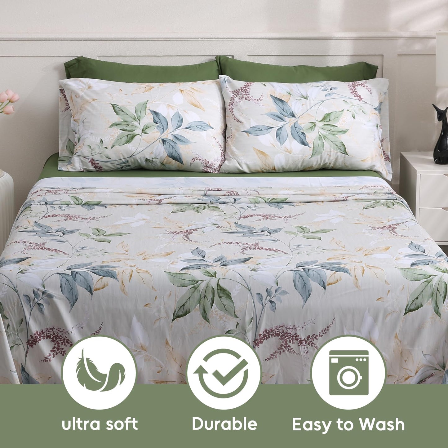 LONAVA Botaincal King Size 6 Pcs Sheet Set, Breathable Microfiber Deep Pocket Forest Green Fitted Sheets, Comfy & Breathable Patterned Flat Sheets,4 Gentle Soft Pillowcases, Lavender