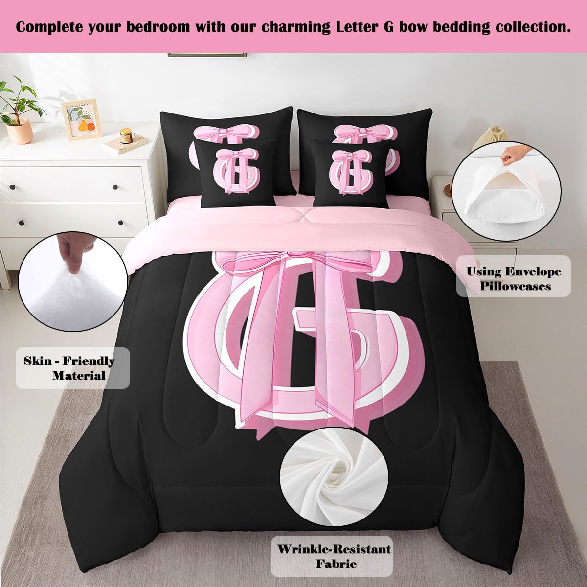 jejeloiu Kids Girls Black Pink Bow Comforter Set with Sheets Twin Size Monogrammed 7 Piece Bedding Set Personalized Initial G Bed in a Bag with Comforter,Sheets,Pillowcases Modern Fashion Bed Set