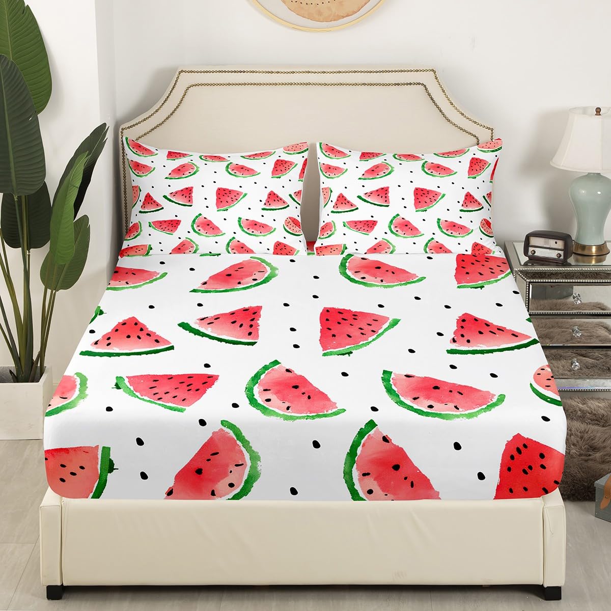 Feelyou Watermelon Bedding Set Kids Boys Girls Delicious Fruit Print Fitted Sheet Watermelon Seeds Bed Sheet Set Cool Summer Bed Cover,Room Decor 3Pcs Sheets Full Size