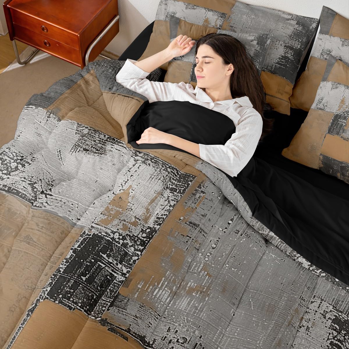 Feelyou Abstract Comforter Set King Size 7 Pieces Modern Abstract Art Bedding Set Luxury Bed in a Bag with Comforter, Sheets, Pillowcases, Cushion Covers Geometric Bedroom Decor Gray Brown