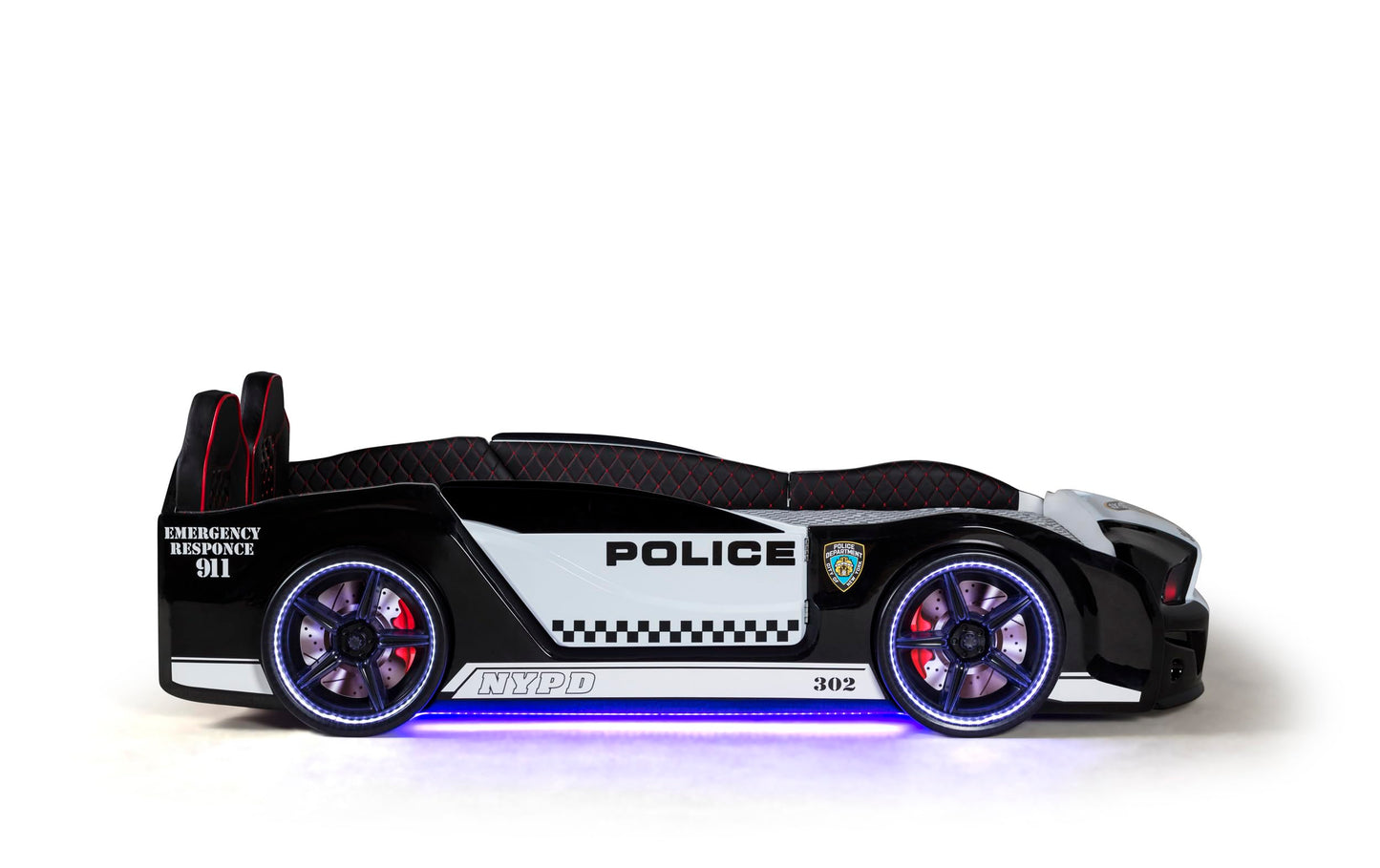 Luxury Race Car Bed for Kids – LED Lights, Sports Car Design, Sound Effects, Twin, Ergonomic & Comfortable Sleeping Experience (Police)