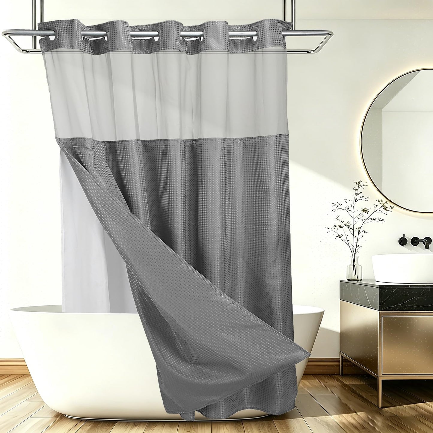 DTGN No Hook Shower Curtain, 71Wx72L Polyester Snap-in Removable Liner Set, Waterproof Washable Waffle Weave Textured Shower Curtains for Home Bathroom Hotel, Dark Gray