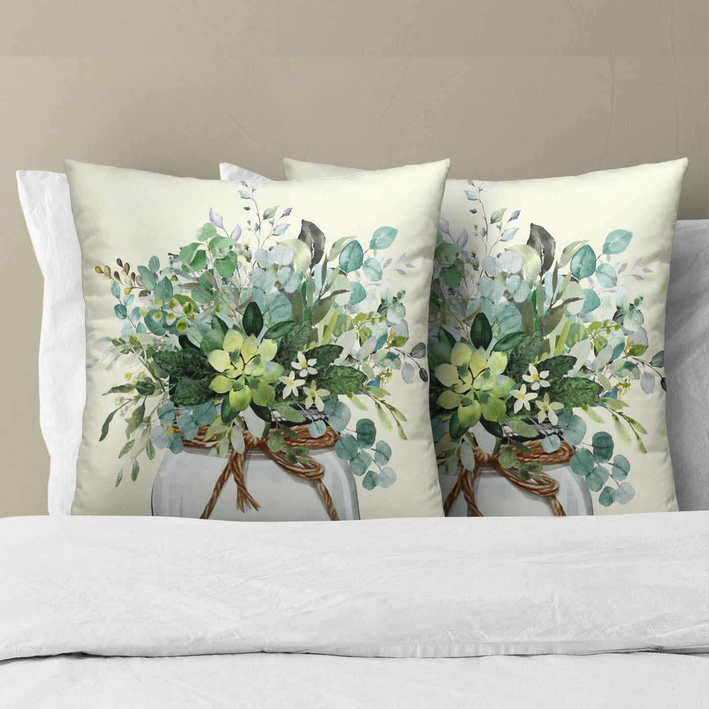 Mweet Watercolor Eucalyptus Leaves Pillow Covers Set of 2, 16x16 Inch Spring Summer Natural Green Plant Floral Cotton Square Pillow Case Soft Cushion Cover for Couch Sofa Living Room
