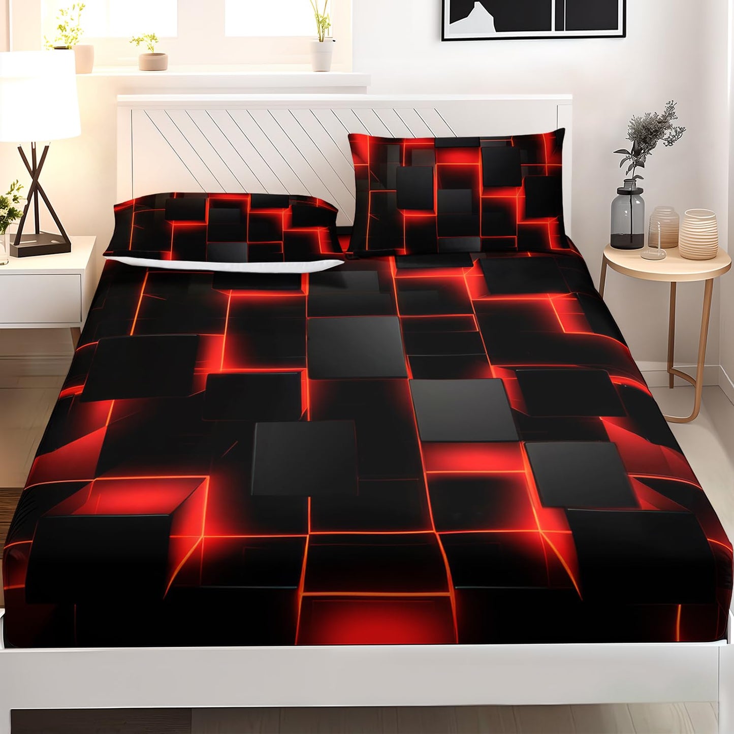 AILONEN Black and Red Checkered Fitted Sheet Set Queen Size,Abstract Square Plaid Modern Geometric Bed Sheet Set,3-Piece Gradient Neon Cubes Themed Bedding Set,1 Fitted Sheet with 2 Pillowcases