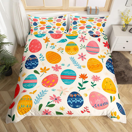 Erosebridal Easter Eggs Decor Kawaii Bedding Sets Queen,Rainbow Easter Egg Comforter Cover Multicolor Boho Floral Duvet Cover,Watercolor Flowers Cute Room Decor Easter Decorations for The Home