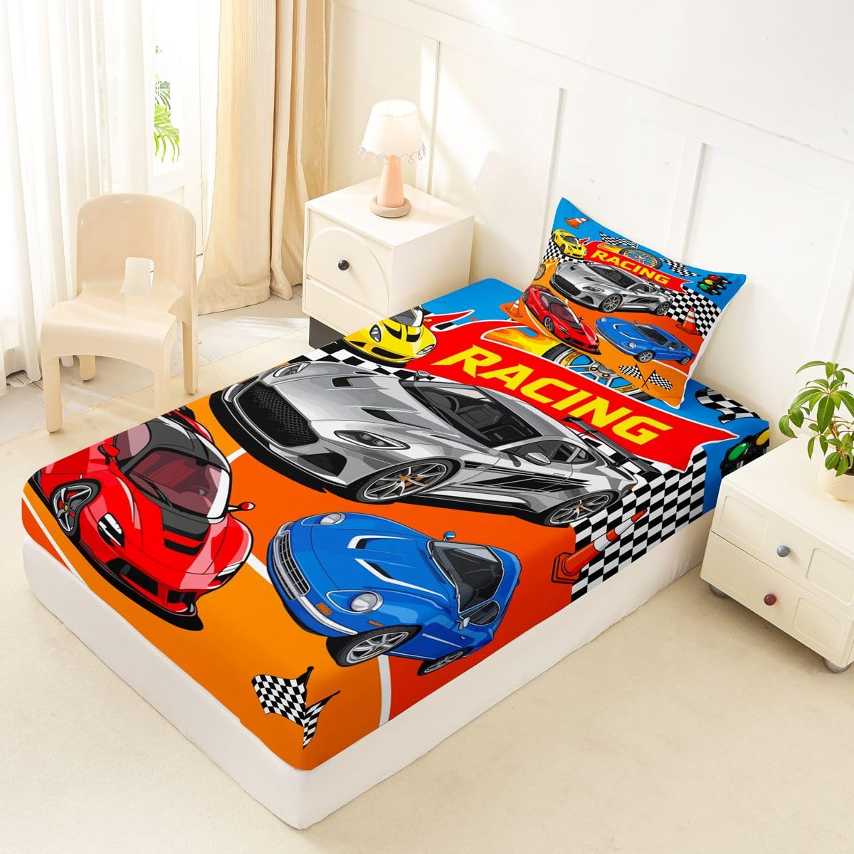 Feelyou Boys Race Car Fitted Sheet Twin Size for Kids Boys Girls Sports Racing Car Bed Sheets Set 16" Deep Pocket Soft Breathable Microfiber Extreme Sports Bedding with 1 Pillowcase Room Decor