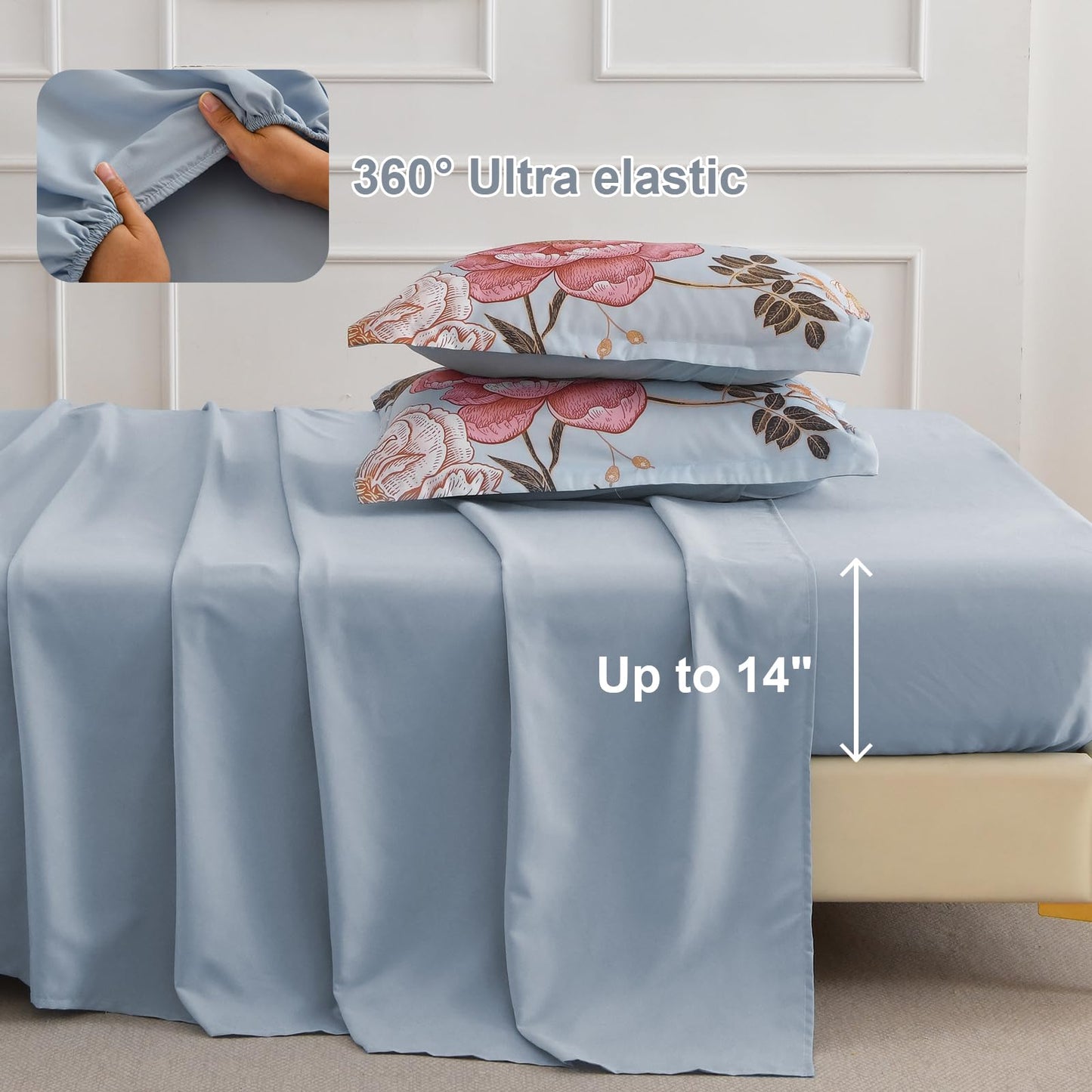 Luxudecor Blue Pink Floral Queen Comforter Set 7 Pieces Bed in a Bag,Pink Flower Print on Blue Bedding Set,Soft Reversible Comforter with Sheets 90"x90"