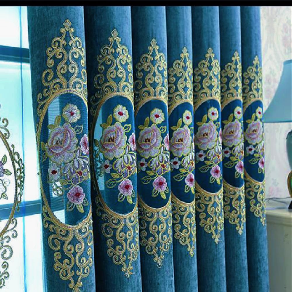 Amidoudou 1 Pair European Luxury Jacquard Hollow Curtains Embroidered Chenille Curtains for Living Room Bedroom (Royal Blue,51x96 Inch)