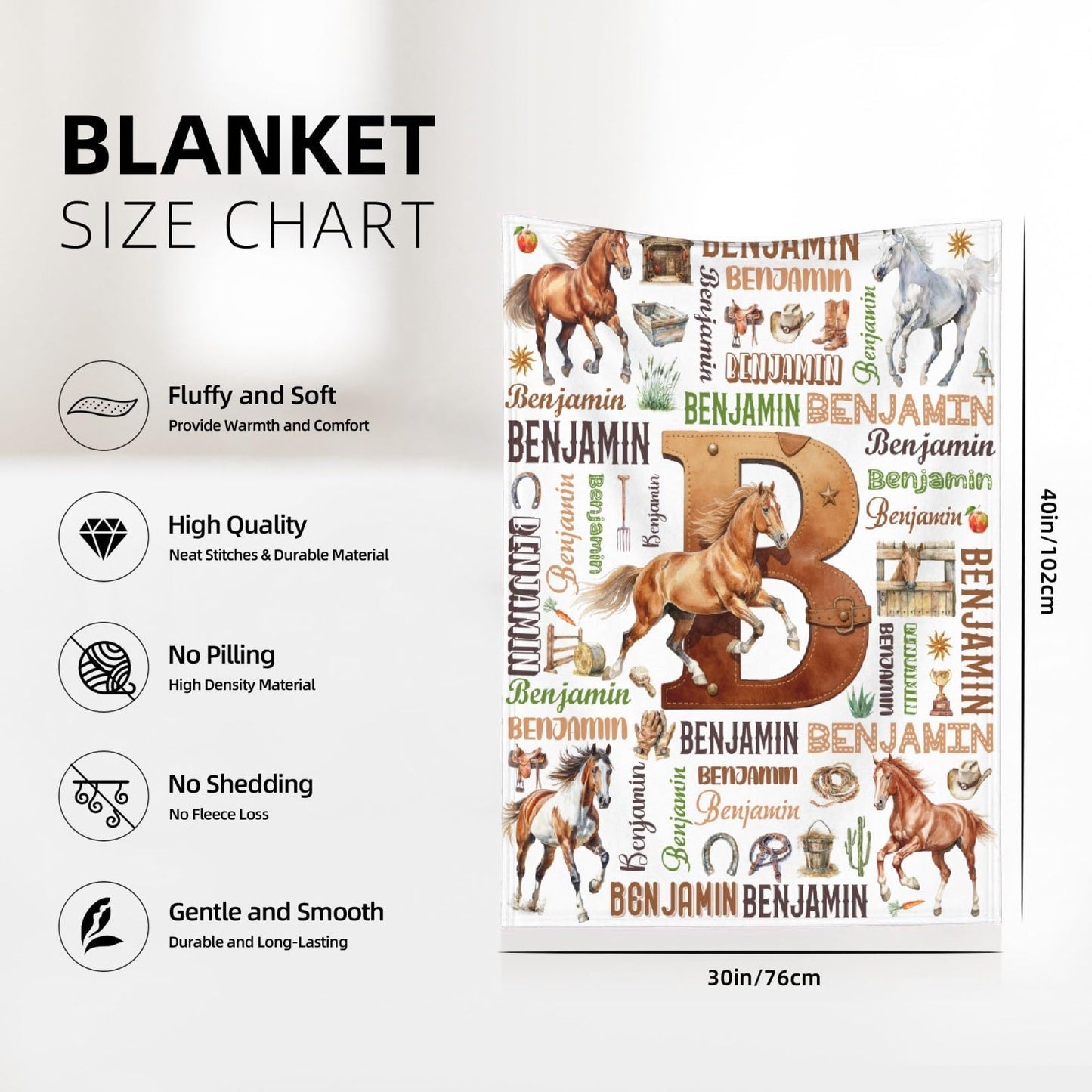 Custom Horse Blanket,Personalized Horse Gifts,Soft Flannel Throw for Bed Sofa,Lightweight,40 x 30in