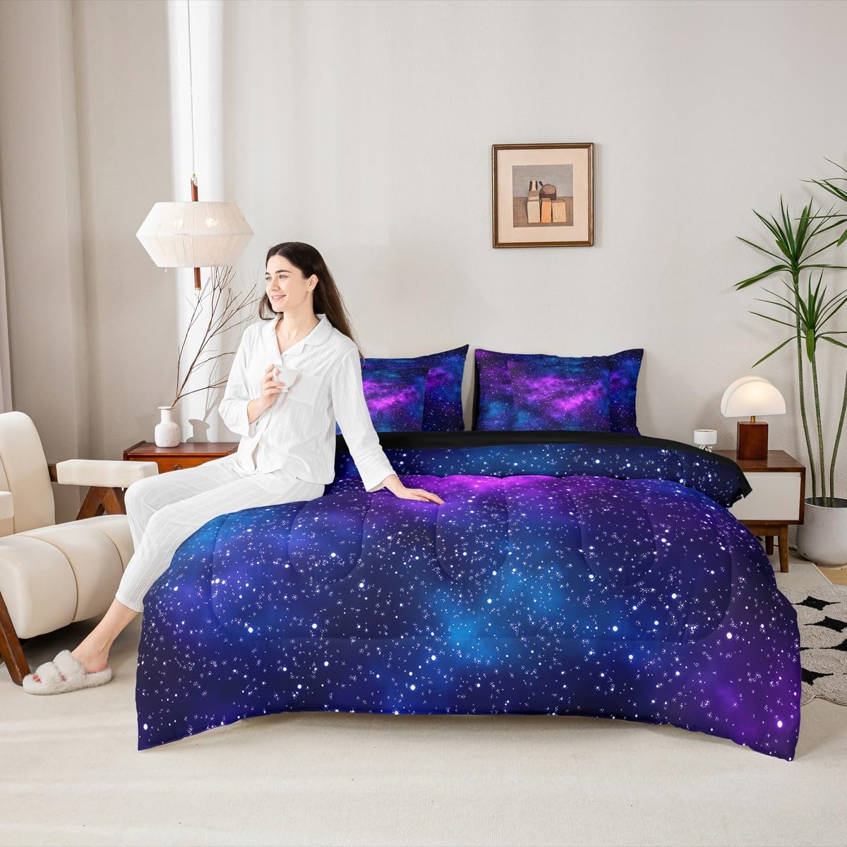 Erosebridal Purple Galaxy King Comforter Set Starry Sky 7 Pieces Bedding Mysterious Outer Space Universe Bed Set Women Men Bed in A Bag