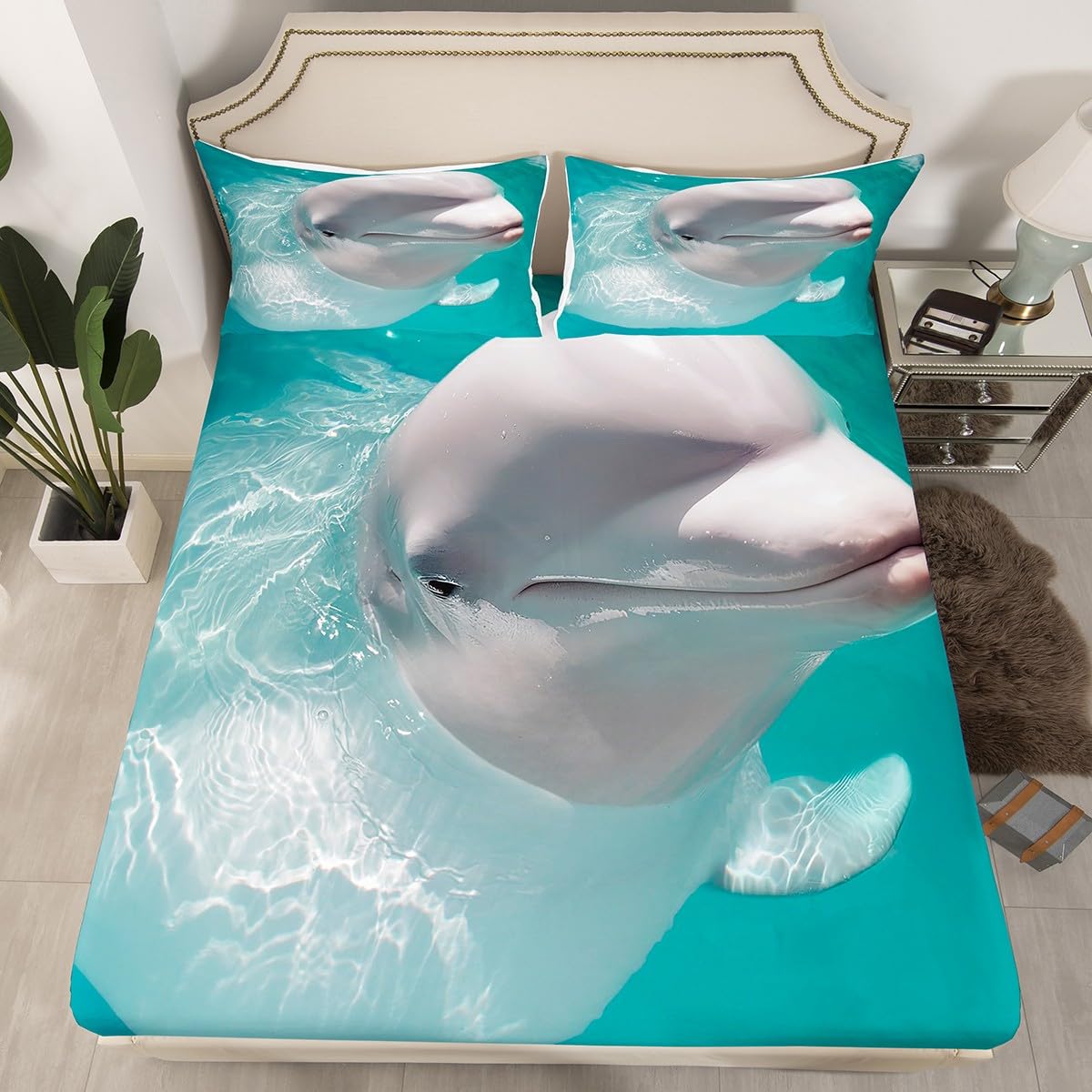 Manfei Beluga Whale Bedding Set 2pcs for Kids Boys Teens White Whale in Water Print Sheet Set Sea Animal Fitted Sheet Microfiber Bed Sheet Set (1 Fitted Sheet + 1 Pillow Case) Twin Size