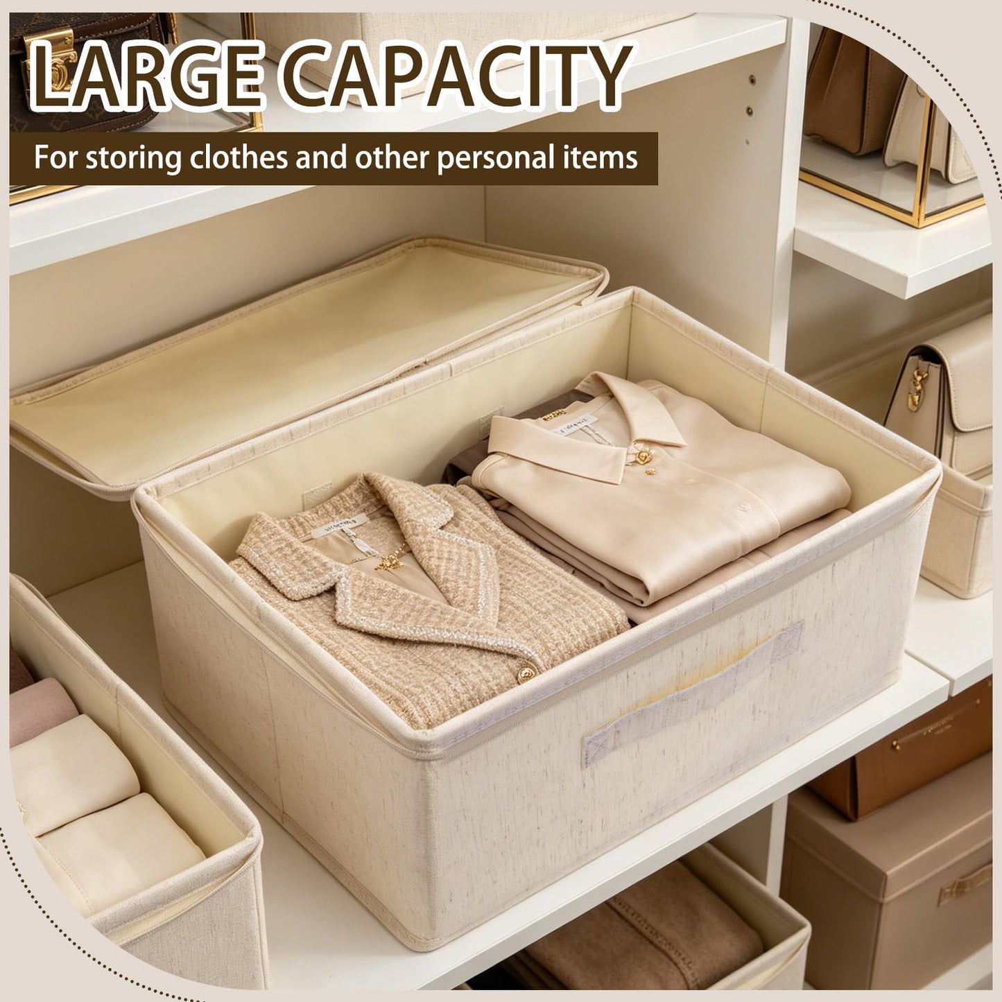 2 Pack Lockable Storage Box with Zipper & Handle, 14.96" x 10.03" x 6.29" Lockable Storage Organizer, Foldable Fabric Lock Box for Women Men Personal Item Container (Beige)