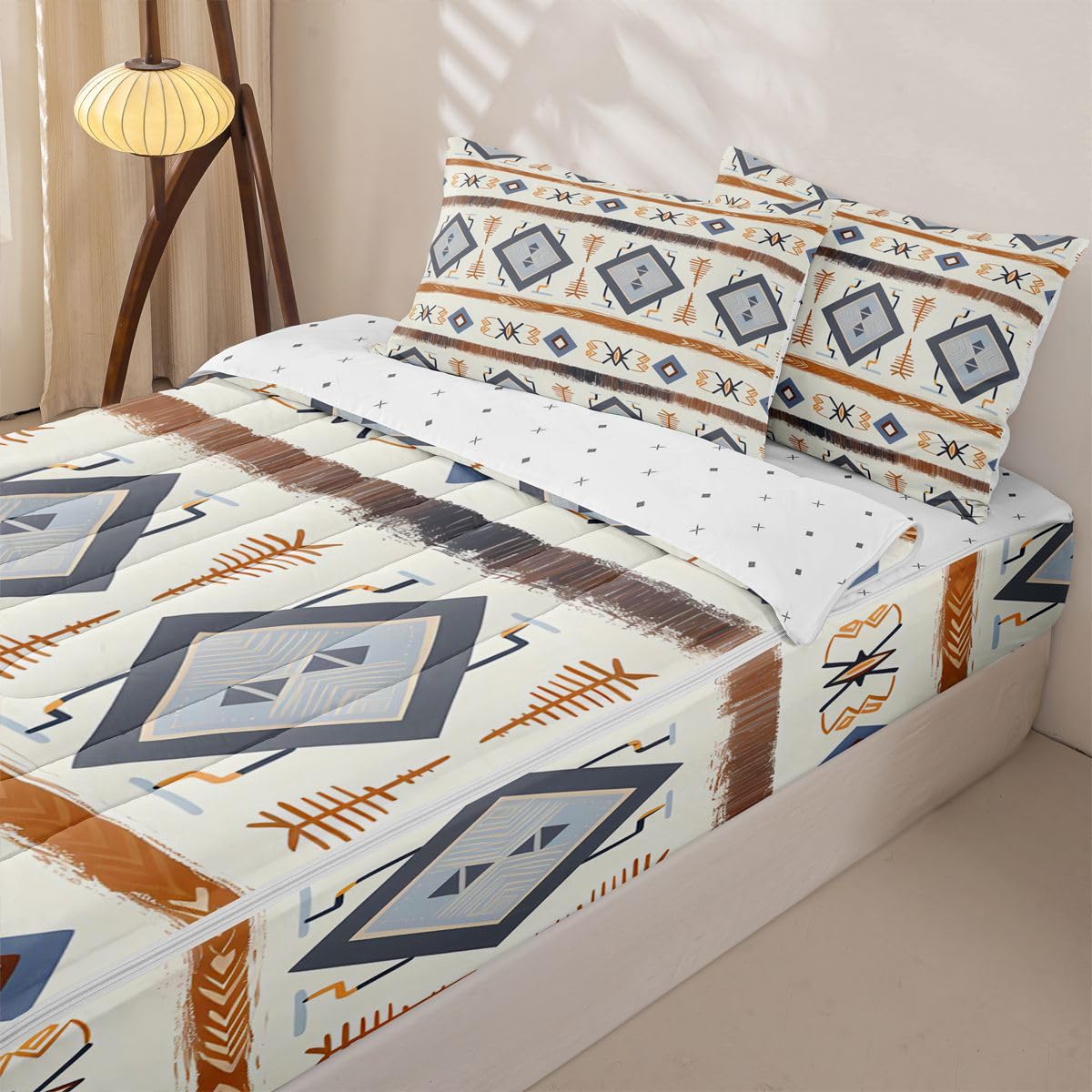 Geometric Aztec Zipper Bedding Queen Western Boho Zip Up Bedding Set for Boys, Ethnic Tribal Arrow Diamond Bed in a Bag Navajo Style Southwestern Decor Comforter with Fitted Sheet and 2 Pillowcases