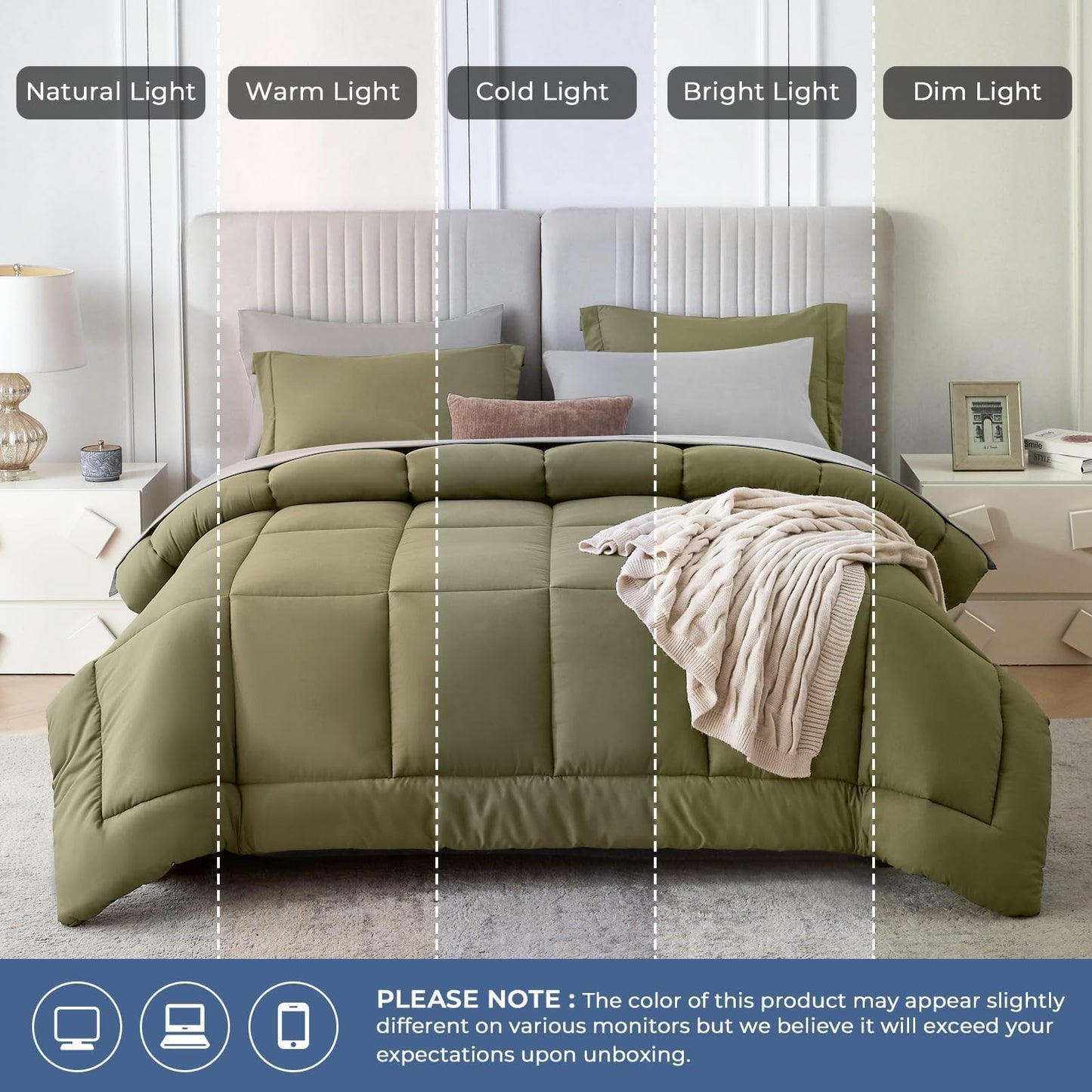 Sasttie Queen Comforter Set, 7 Pieces Bed in a Bag Queen, Complete Bedding Set Includes Comforter, Flat Sheet, Fitted Sheet, Pillowcases and Pillow Shams, Olive & Light Grey