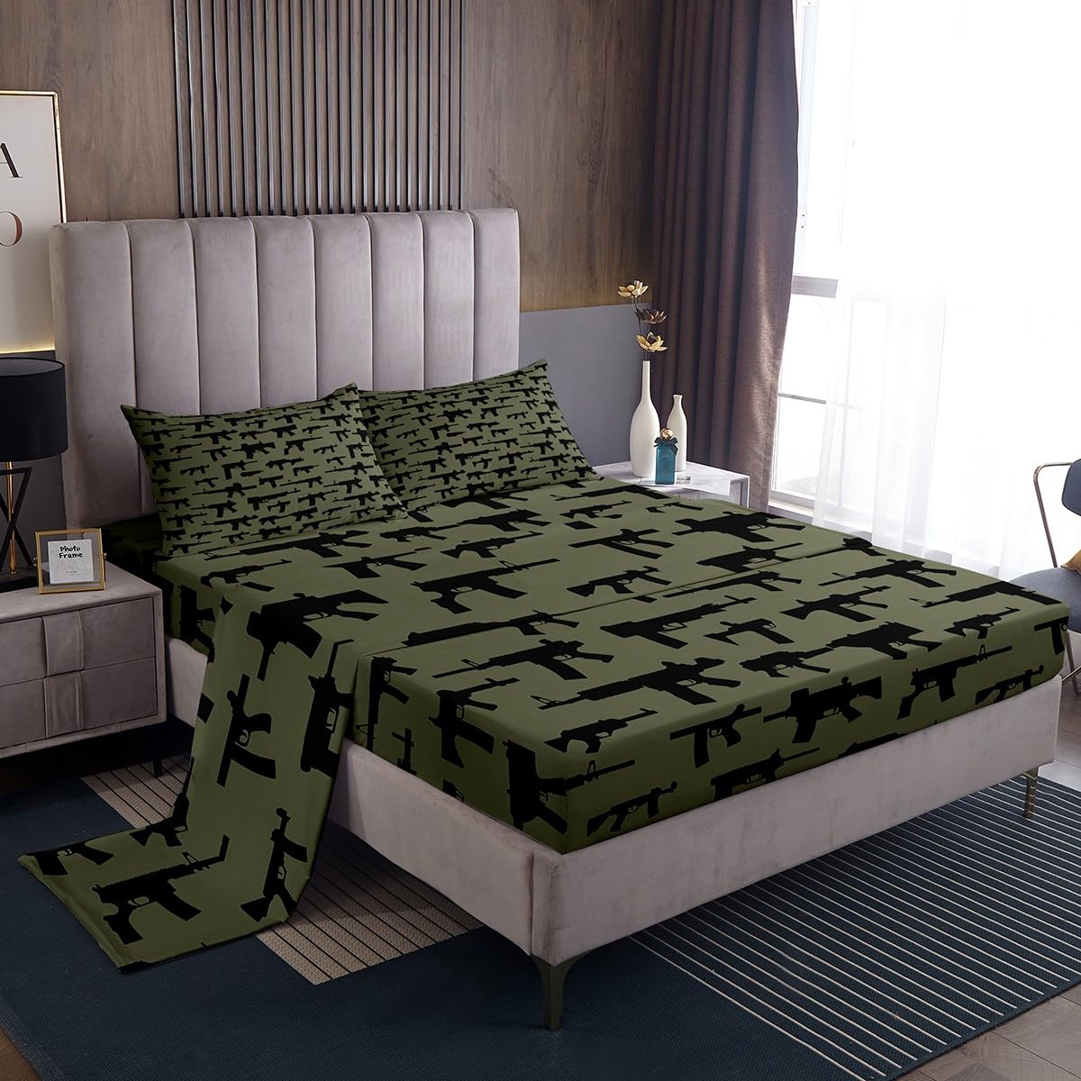 Erosebridal Machine Guns Bed Sheet Set King Size for Boys Teens Men Bedroom Military Theme Bedding Sets,Army Rifle Pattern Fitted Sheet & Flat Sheet Soft Microfiber Sheet Set 3 Piece Army Green