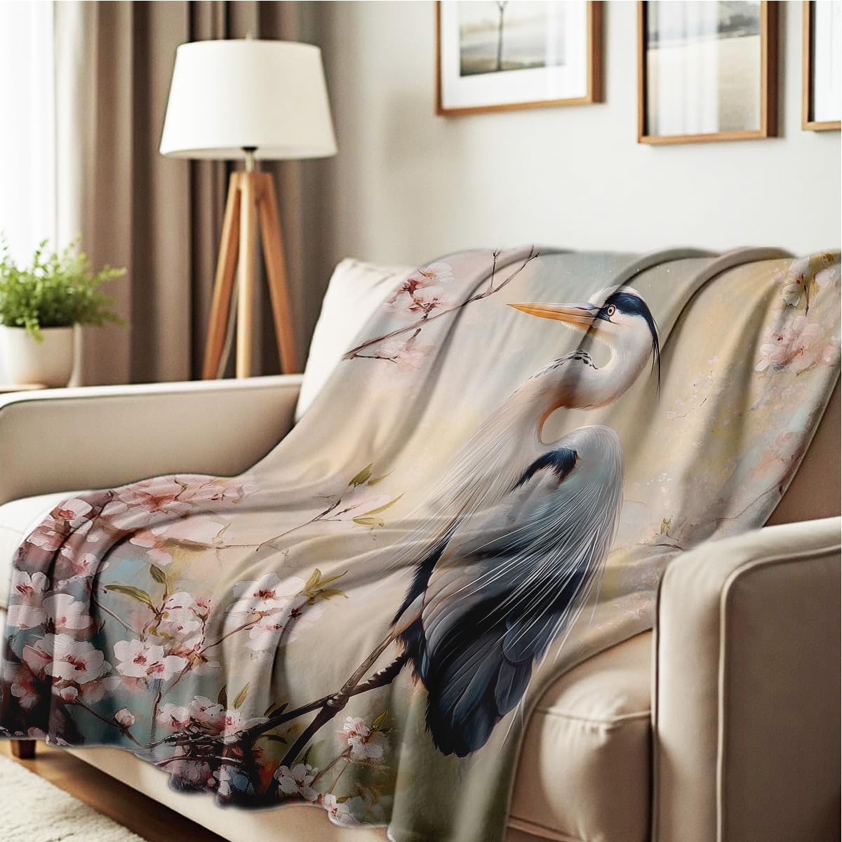 HUNXIAOJ Heron Print Blanket Blue Heron Throw Blanket Sea Birds Flannel Throw for Bed Couch Home Decor Heron Gifts (49"x59")