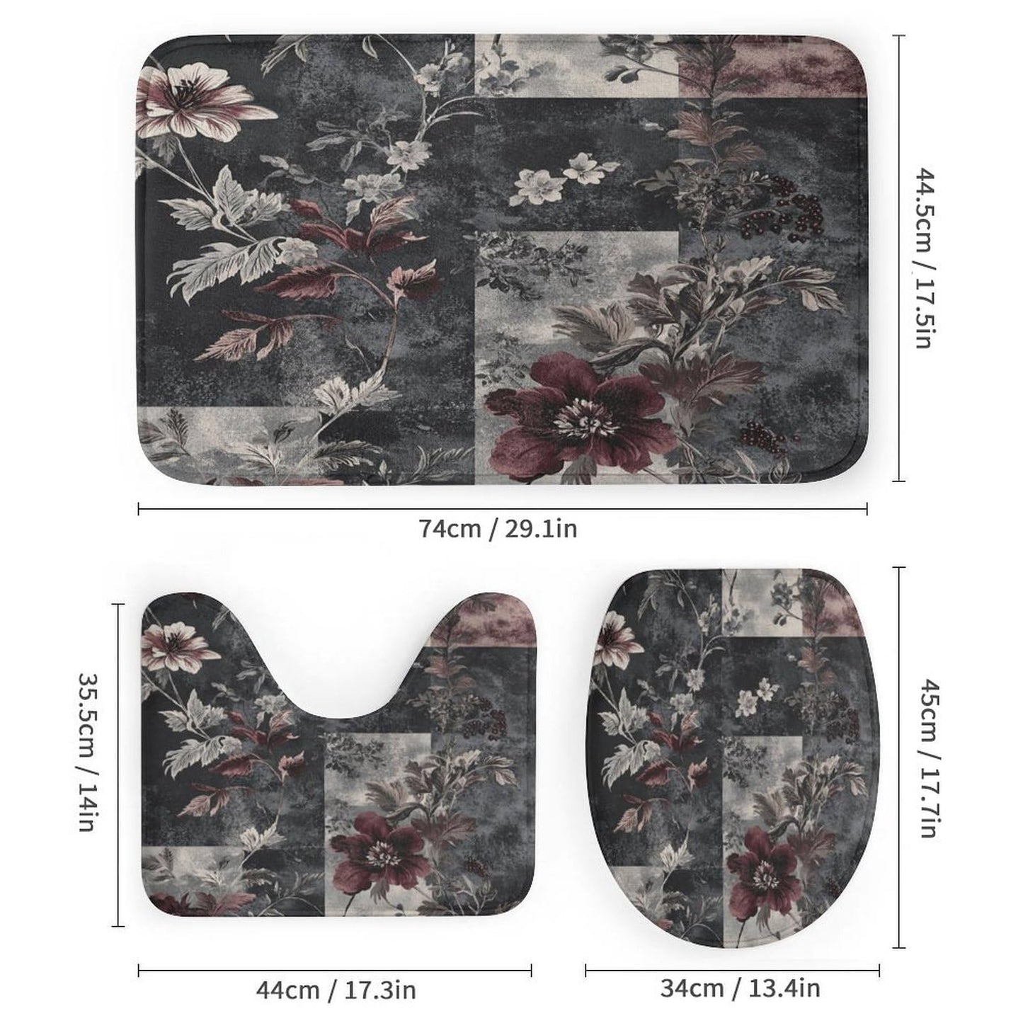 DIPQIMI 4Pcs Luxury Floral Botanical Shower Curtain Sets with Rugs, Toilet Lid Cover and Bath Mat, Classic Patchwork Pattern Bathroom Shower Curtains Set with 12 Hooks
