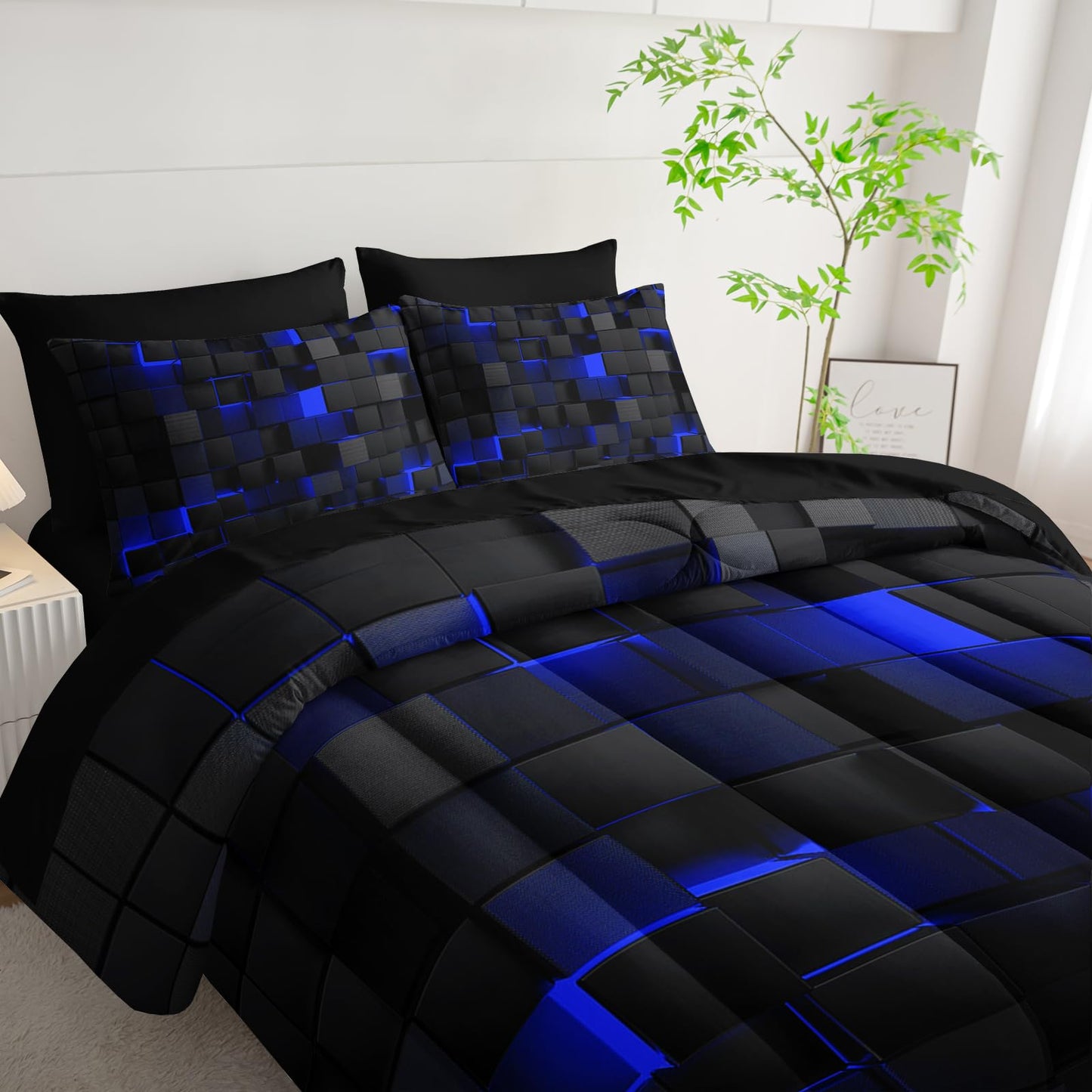 Nttopship Geometric Blue Black King Comforter Set,Light Honeycomb Bedding Set 7 Piece in A Bag,Bed Sheet Set Geometry Decor,Microfiber Lightweight All Season
