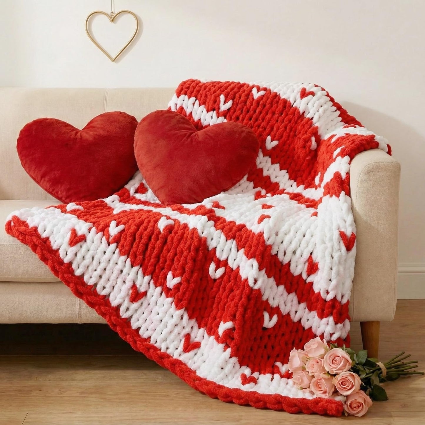 Mindsoft Chunky Knit Throw Blanket Large 50" X 60" Handmade Cream Chenille Loop Yarn Fluffy Soft Knitted Throw Big Cozy Thick Cable Knit Crochet Blanket for Couch Sofa Bed(Red,Heart)