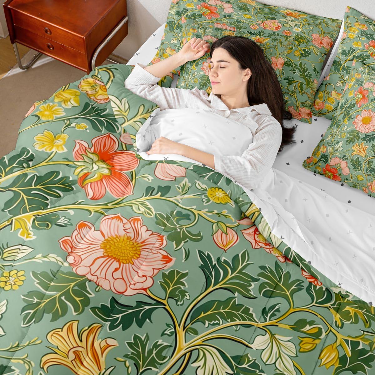 Erosebridal Lotus 7 Piece Bedding Set Twin Floral Comforter Set with Sheets Farmhouse Plant Leaves Botanical for Kids Boys Girls Pink Flowers Petals Daisy Bed in a Bag