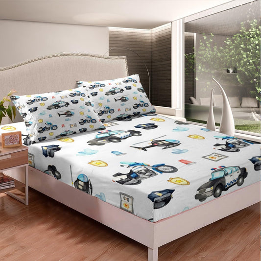Boys Aircraft Bed Sheet Set Kids Toddler Cool Police Car Motorcycle Bedding Sheets Girls Teens Helicopter Flying Plane Bedding Fitted Sheet Watercolor Decor Bed Cover Bedroom Collection 2Pcs Twin Size