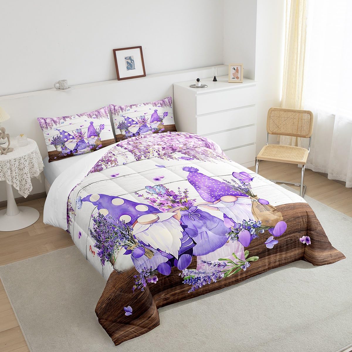 Manfei Cute Gnomes Comforter Set Queen Size, Purple Vine Flower Butterfly Quilt Set with 2 Pillowcases, Lavender Bouquet Bedding Set 3pcs for Kids Boys Girls Grey Wood Plank Duvet Insert