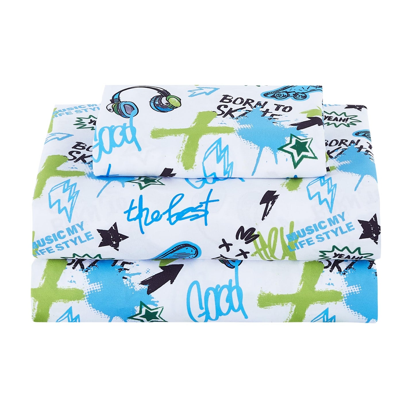 Softan Kids Bed Sheet Set, 3-Piece Twin Sheets Set, Microfiber Fitted Sheet with Corner Straps, Breathable & Silky Soft Trendy Skateboard Graffiti Printed Sheet and Pillowcase Sets