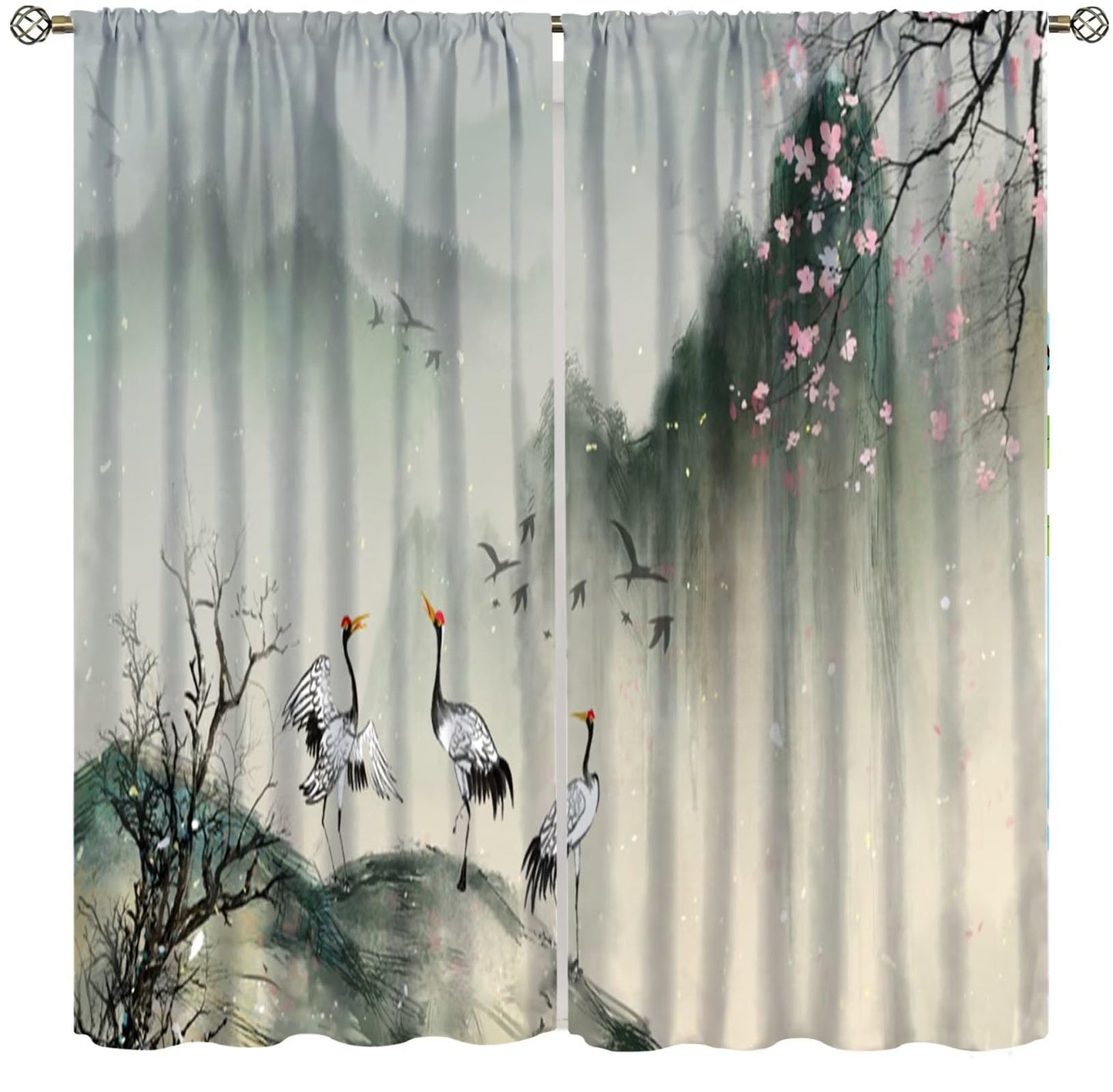 Asian Curtain Traditional Chinese Ancient Ink Landscape Painting Animal Crane Print Curtain for Kitchen Bedroom Living Room Blackout Privacy Curtain 42x45 Inch 2 Panels