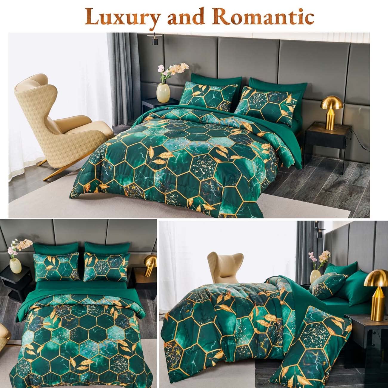 ANGIYUIN 3D Marble Printed Emerald Green Comforter Set Full, 7Pcs Geometric Hexagon Theme Comforter Gold Trim Bed in A Bag Full, Modern Watercolor Foil Print Bedding Set with Sheets (Green Full)