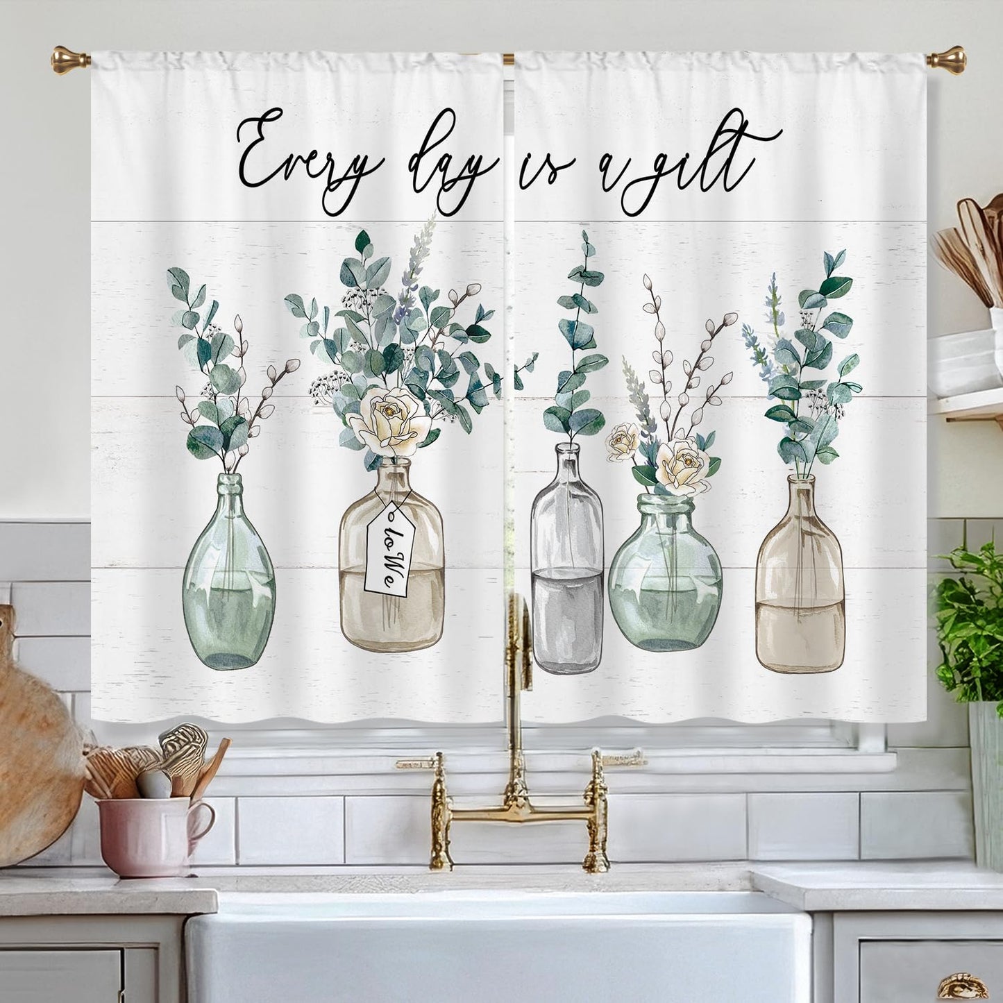 Cizuug Eucalyptus Bottles Plant Kitchen Curtains Green Leaf BotanicalSage Small Short Cafe Window Curtains Farmhouse Rustic Floral Vase Bathroom Tier Window Treatment Drapes 2 Panels