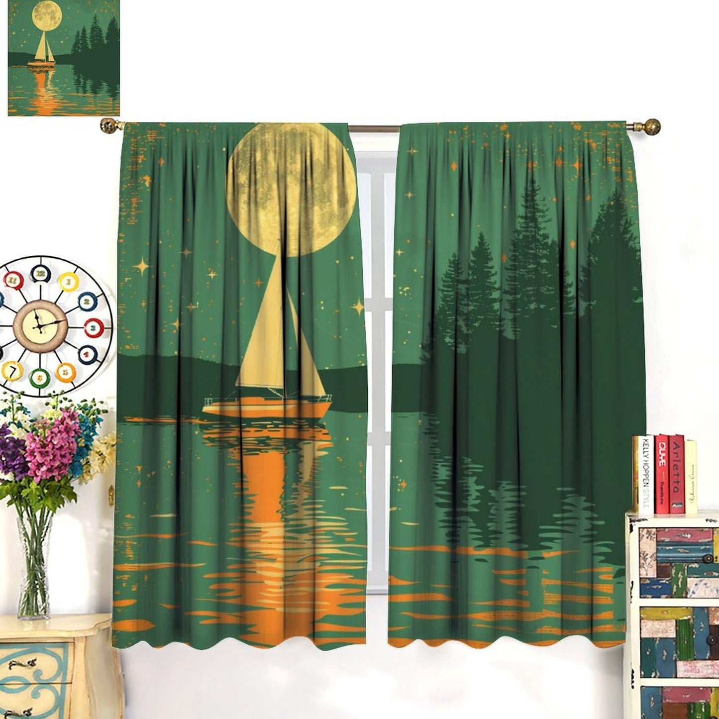 TOWINSFB Nautical Sailboat Moon Blackout Curtains for Living Room Bedroom, Fantasy Star River Ship Forest Window Curtains Rod Pocket Thermal Insulated Window Drapes, 2 Panels, Each 21" W x 45" L