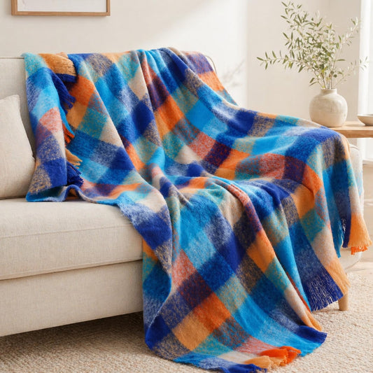 Battilo Colorful Plaid Throw Blanket for Couch Bed, Fall Blue Plaid Throw Blanket with Vibrant Colors,Super Soft Cozy Cashmere Mohair Tartan Plaid Blanket for Fall Decor Home Decor(50"x60")
