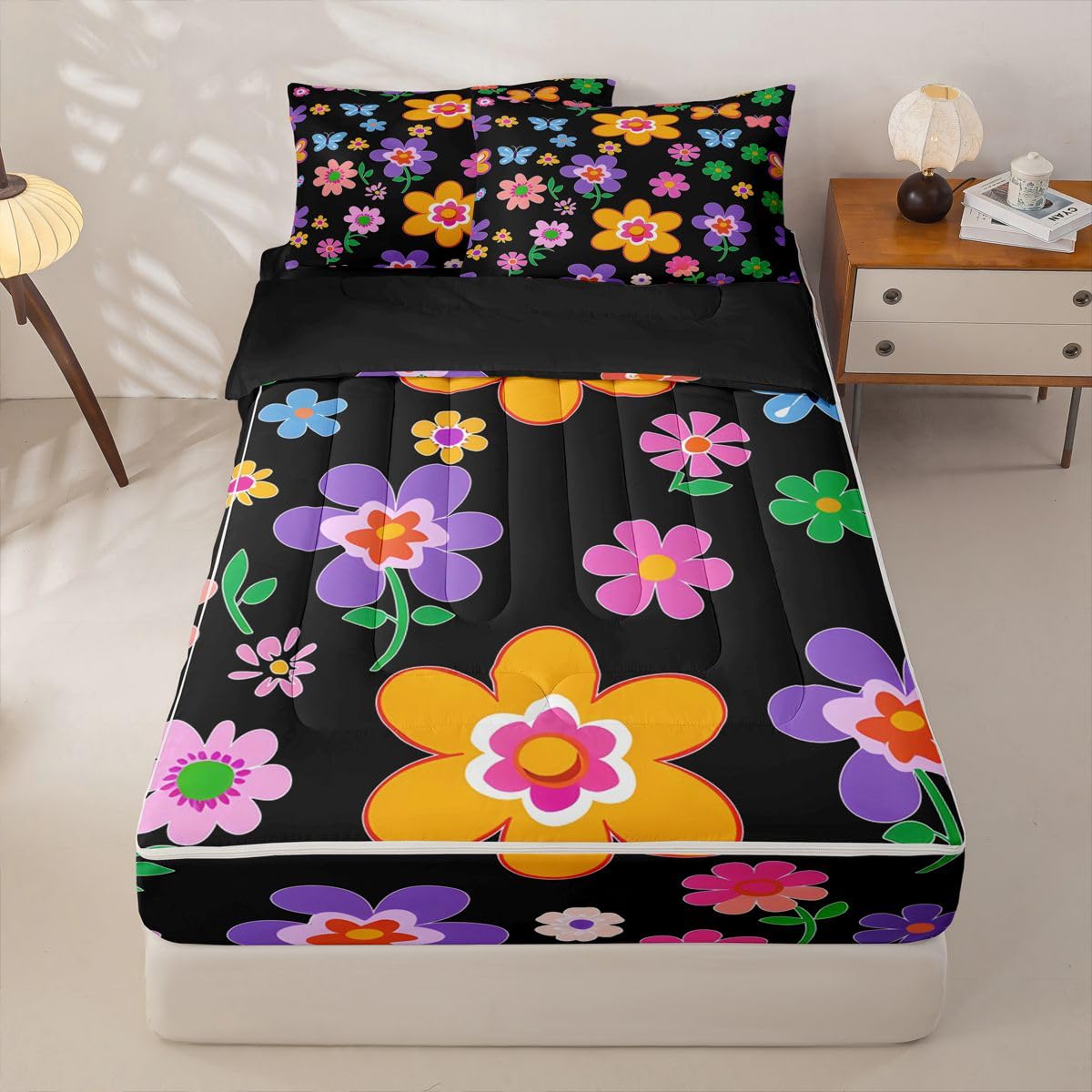 Feelyou Cute Flower Zipper Bedding for Kids Cartoon Botanical Floral Queen Comforter Set with Fitted Sheet 2 Pillowcases Aesthetic Flower Bed in a Bag Soft Lightweight Microfiber