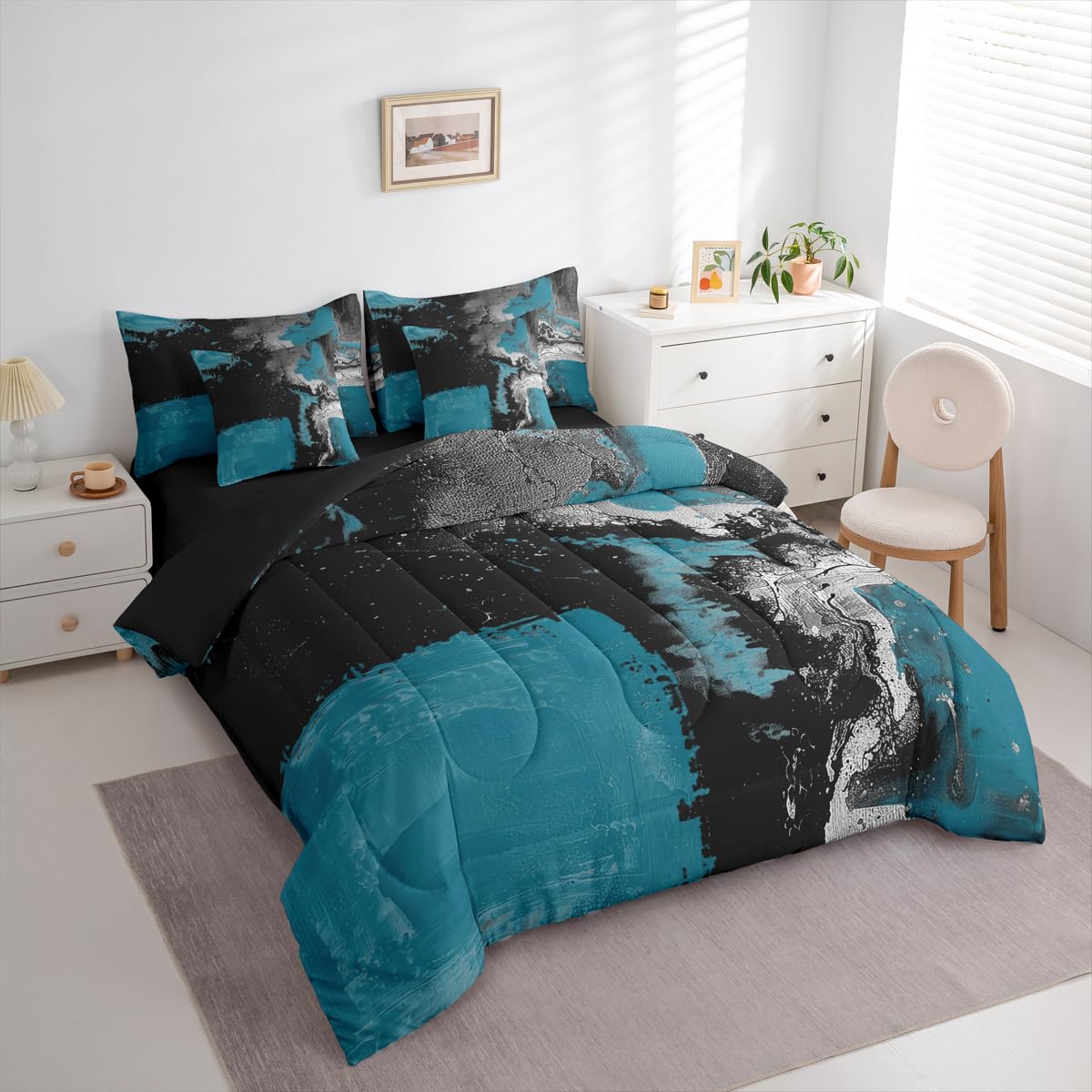 Feelyou Abstract King Comforter Set with Sheets for Kids Boys Girls Modern Abstract Art 7 Pieces Bedding Set Luxury Bed in a Bag Geometric Room Decor Dark Blue Balck Soft Lightweight Microfiber