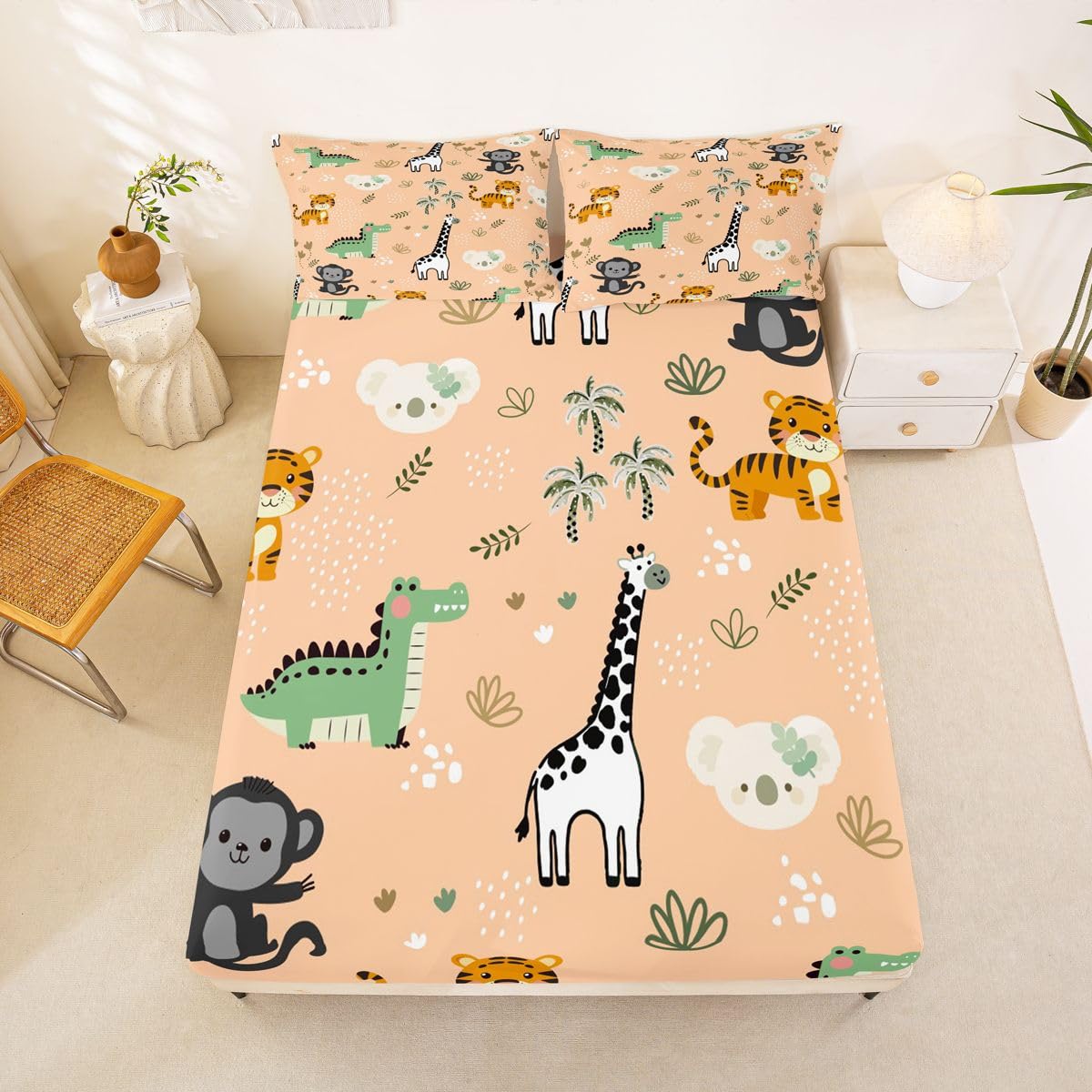 Erosebridal Jungle Animals Sheet Set Full Cute Cartoon Animals Bed Sheets for Kids Boys Girls Safari Flat Fitted Sheet Hunting Wildlife Sheets 3 Pcs