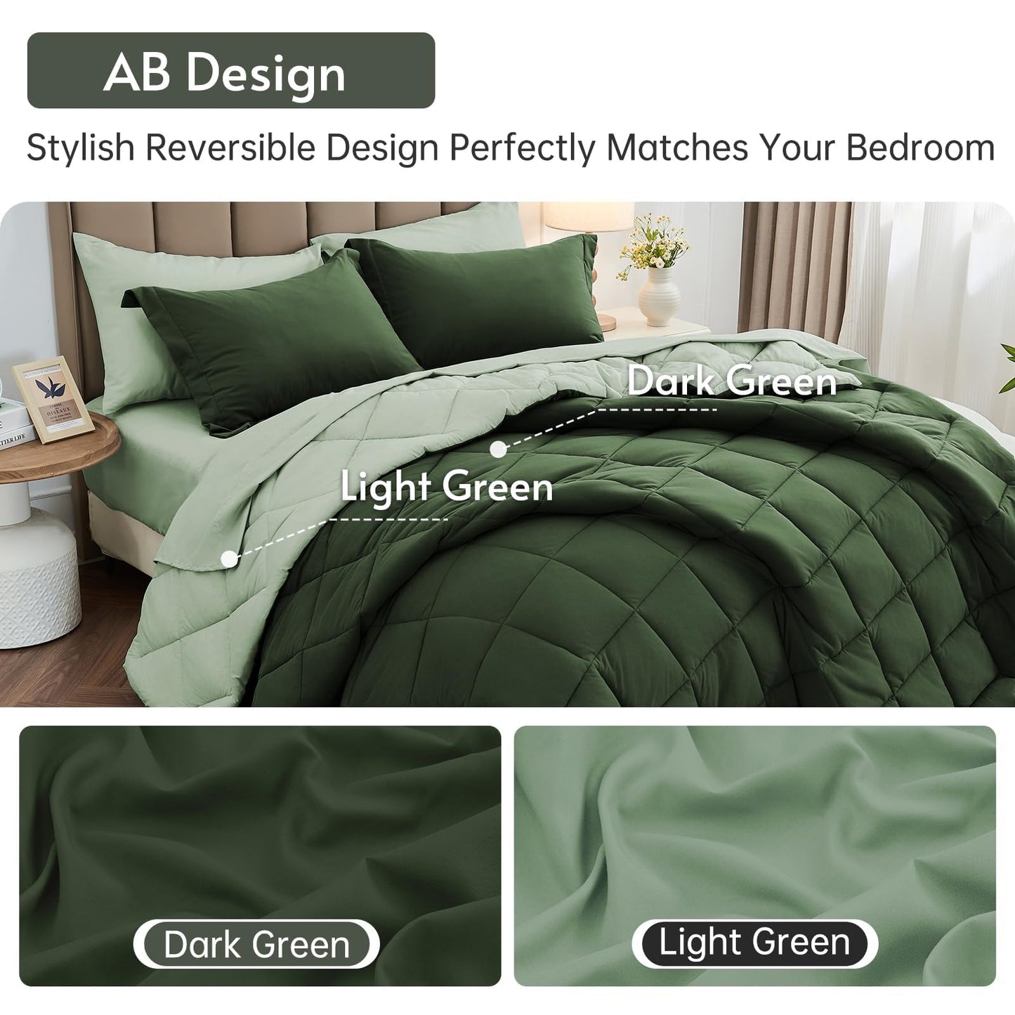 MUXHOMO 7 Pieces California King Comforter Set, Reversible Bed in a Bag Cal King Size, All Season Bedding Set with Comforter, Flat Sheet, Fitted Sheet, Pillowcases & Shams, Dark Green & Light Green