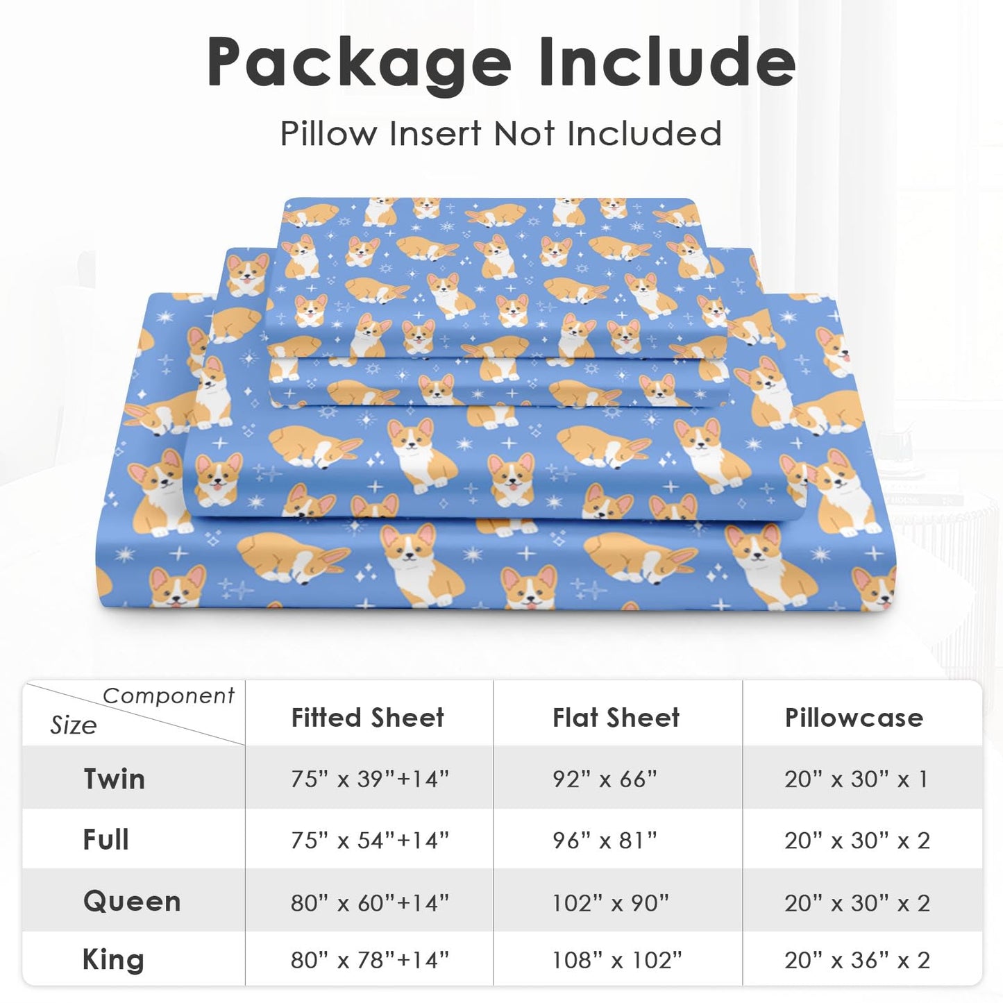 Pamnest Queen Size Bed Sheet Sets, Kawaii Cute Corgi Soft Microfiber 4 Pcs Bedding Sets for Kids and Adults Bedroom Bed Decor, Dog Animal Flat, Fitted Sheet and 2 Pillowcases
