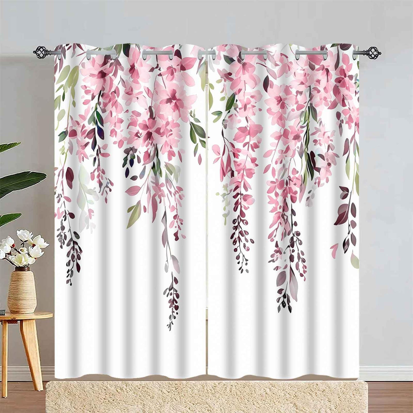 EOTDMS Pink Watercolor Floral Curtains 84 inches Long, Botanical Leaves Vine Flowers Rustic Farmhouse Curtains, Blackout Window Treatment Drapes for Bedroom Living Room 42x84inch, 2 Panels